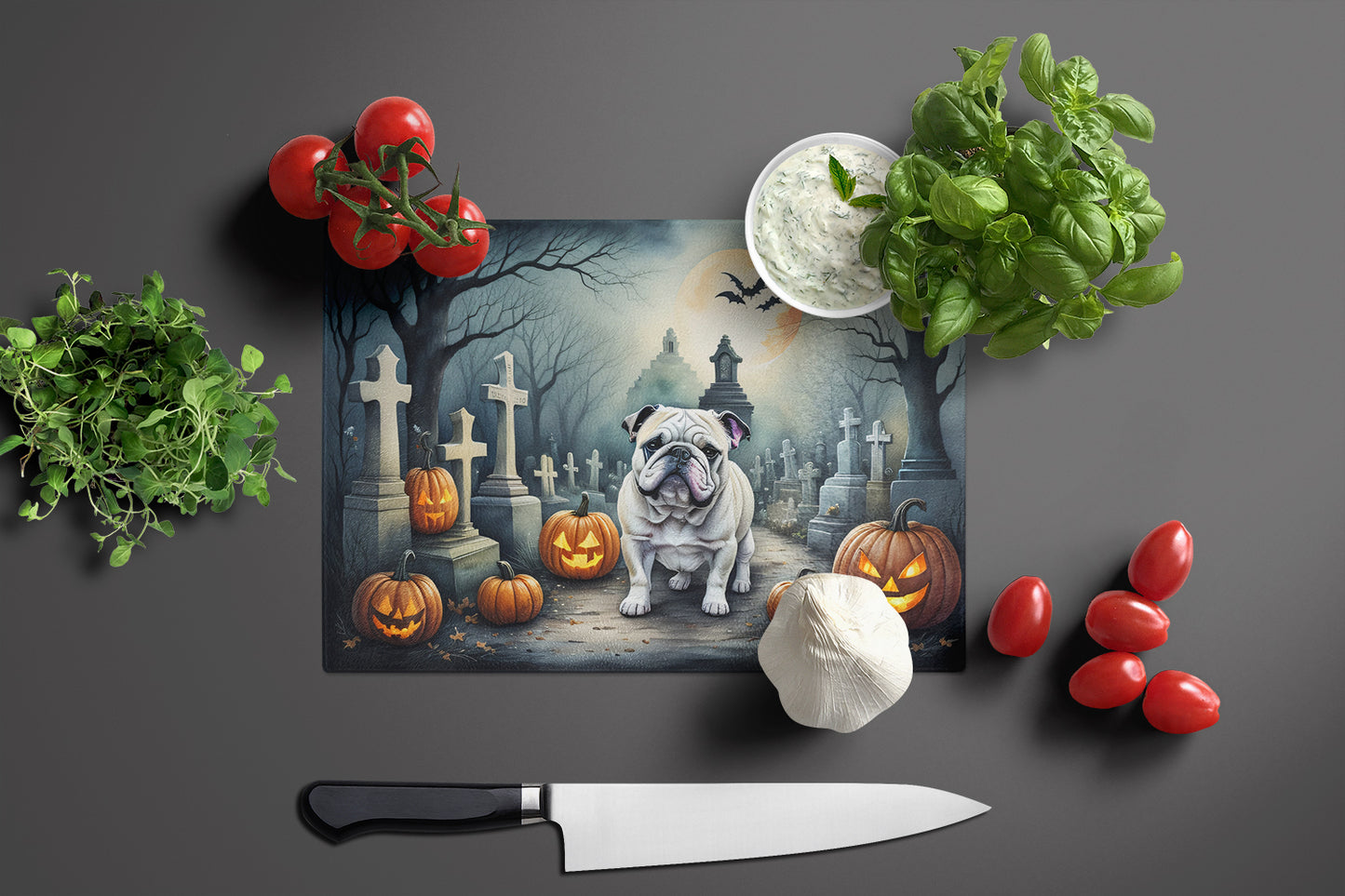 English Bulldog Spooky Halloween Glass Cutting Board