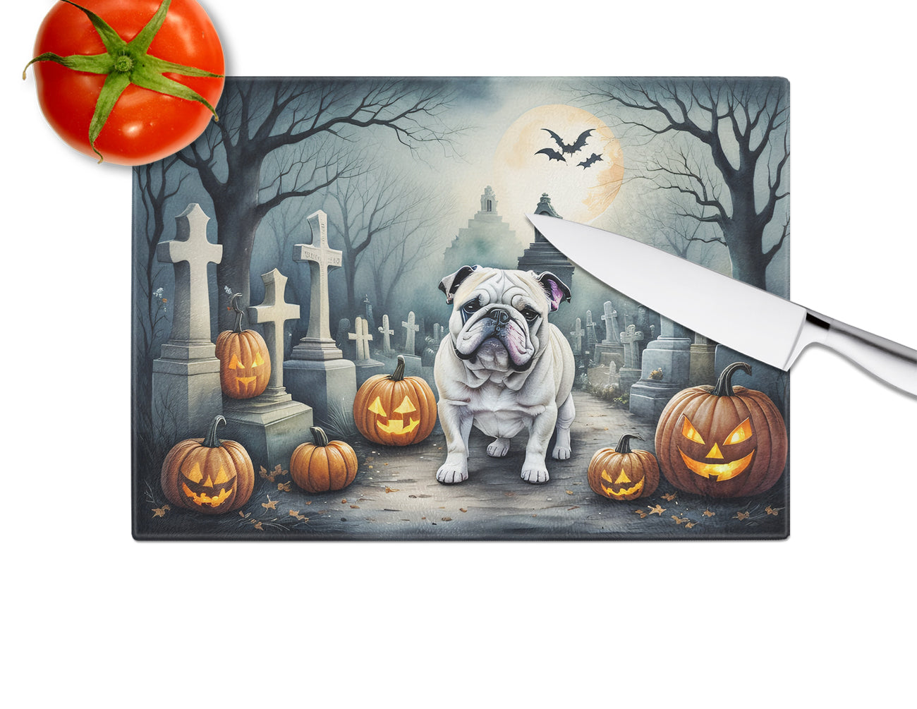 English Bulldog Spooky Halloween Glass Cutting Board