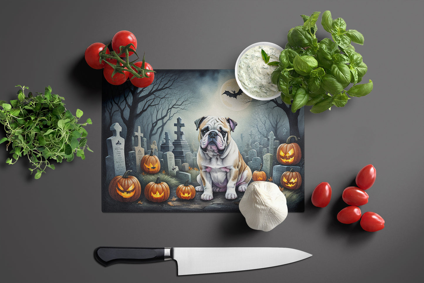 English Bulldog Spooky Halloween Glass Cutting Board