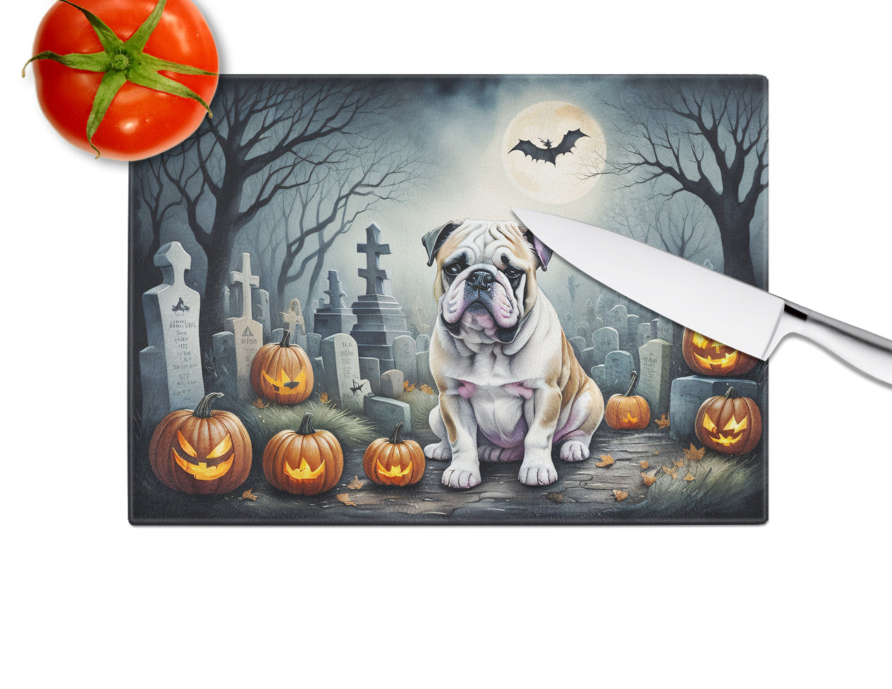 English Bulldog Spooky Halloween Glass Cutting Board