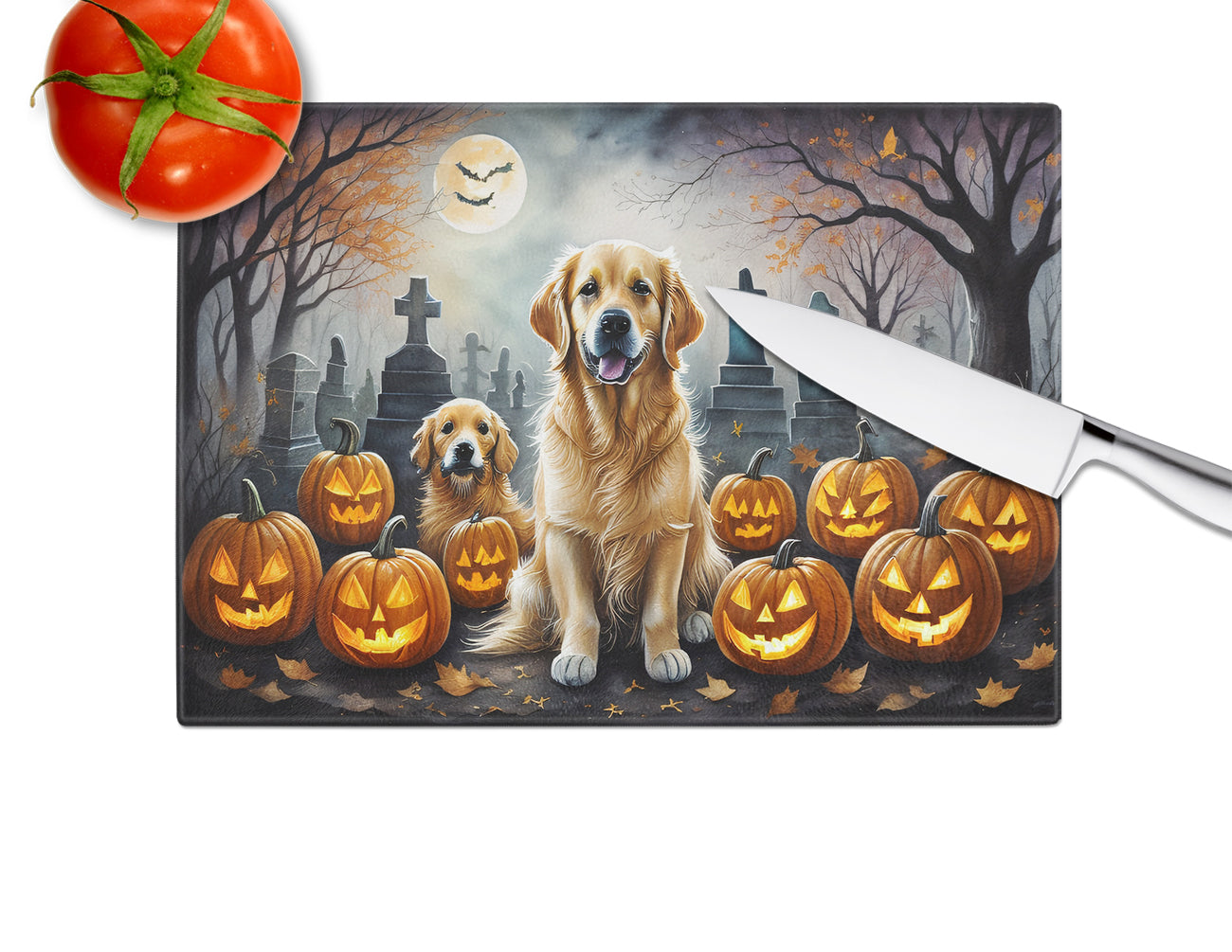 Golden Retriever Spooky Halloween Glass Cutting Board