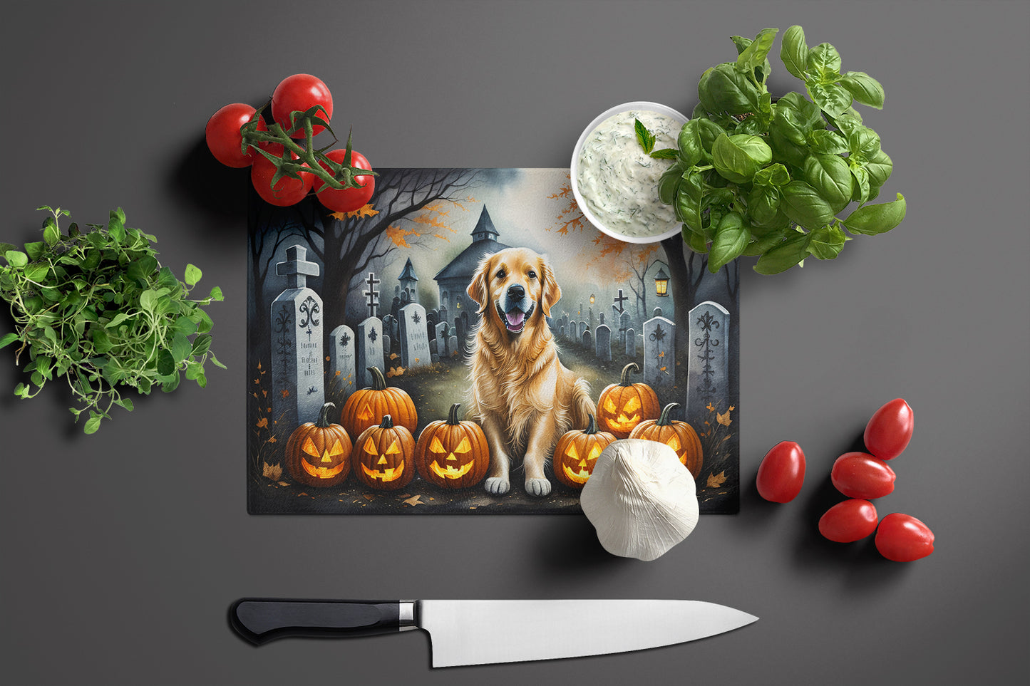 Golden Retriever Spooky Halloween Glass Cutting Board