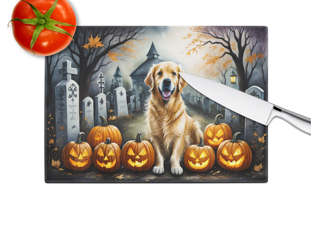 Golden Retriever Spooky Halloween Glass Cutting Board