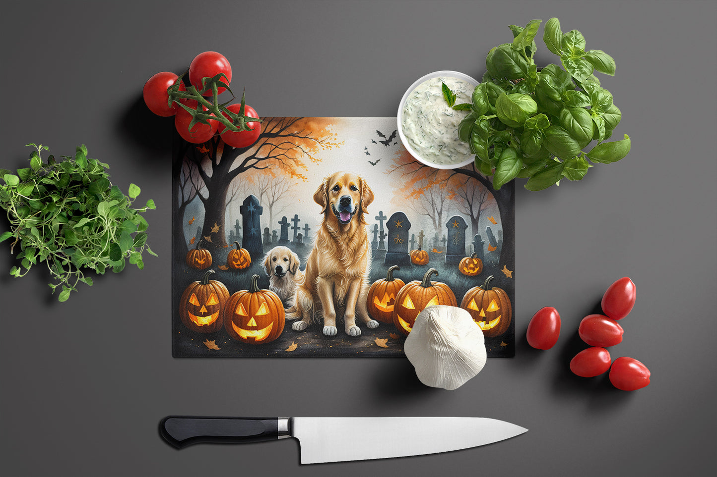 Golden Retriever Spooky Halloween Glass Cutting Board