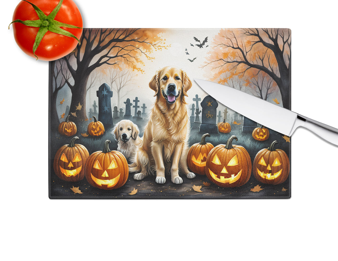 Golden Retriever Spooky Halloween Glass Cutting Board