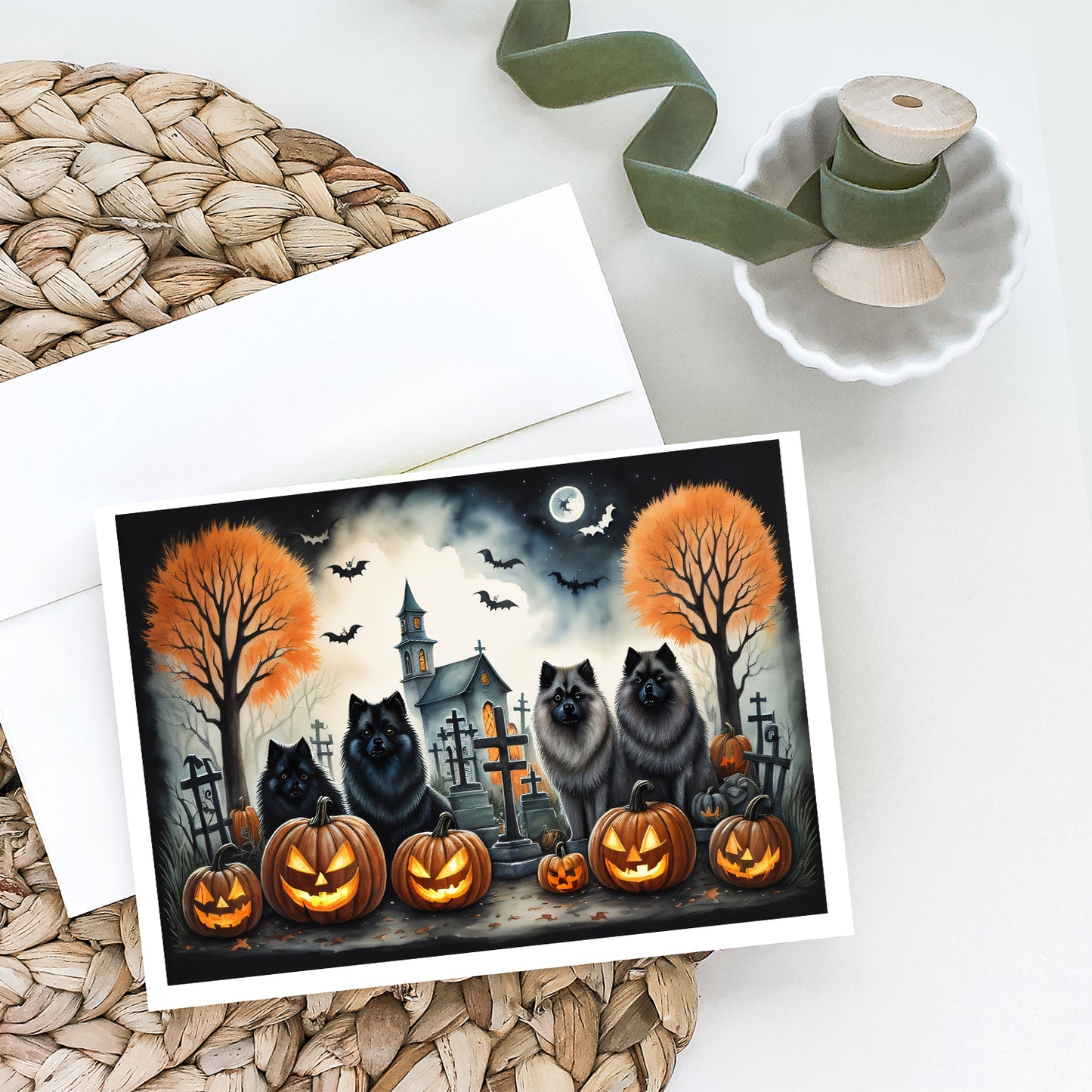 Keeshond Spooky Halloween Greeting Cards Pack of 8