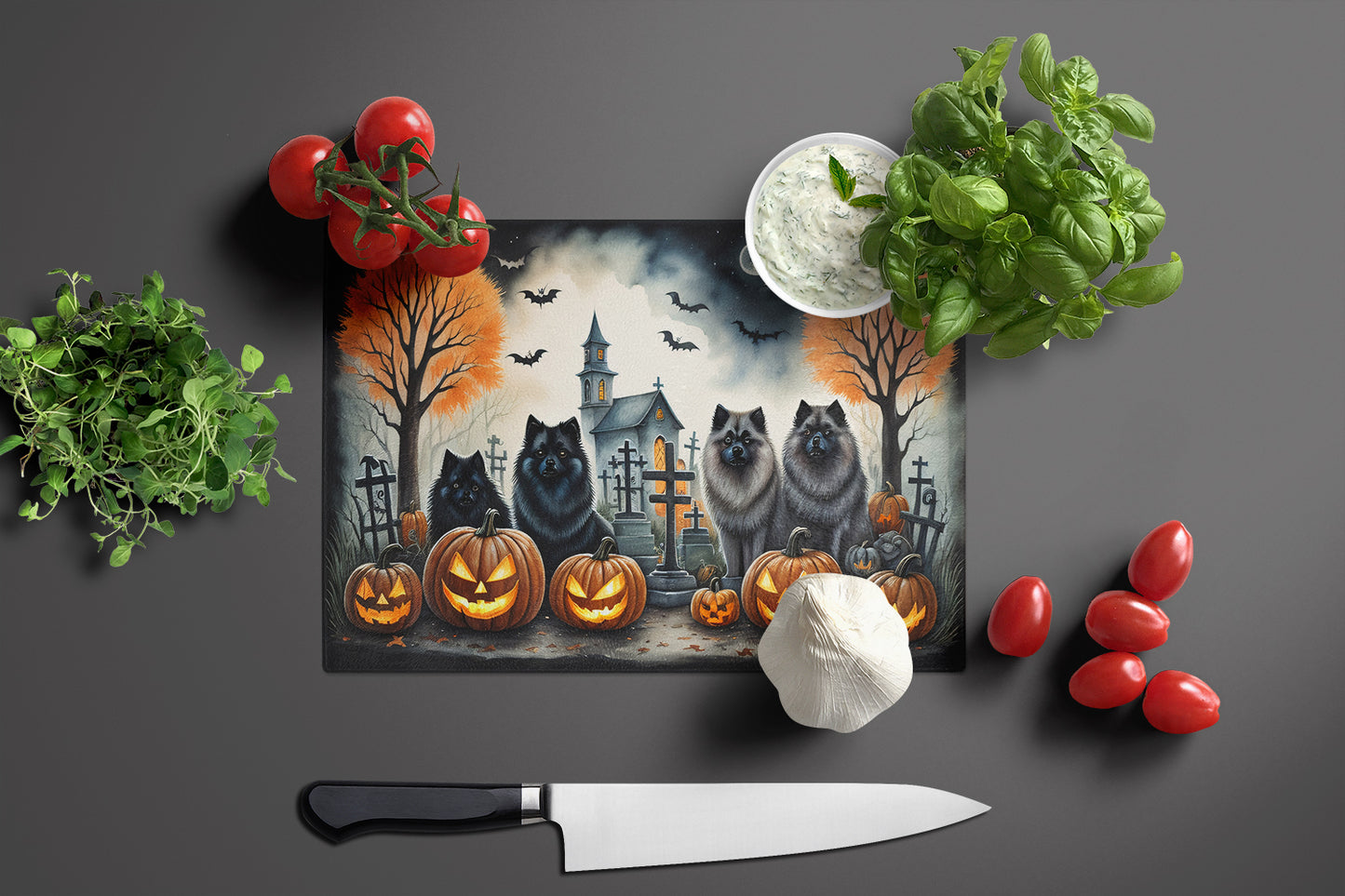 Keeshond Spooky Halloween Glass Cutting Board