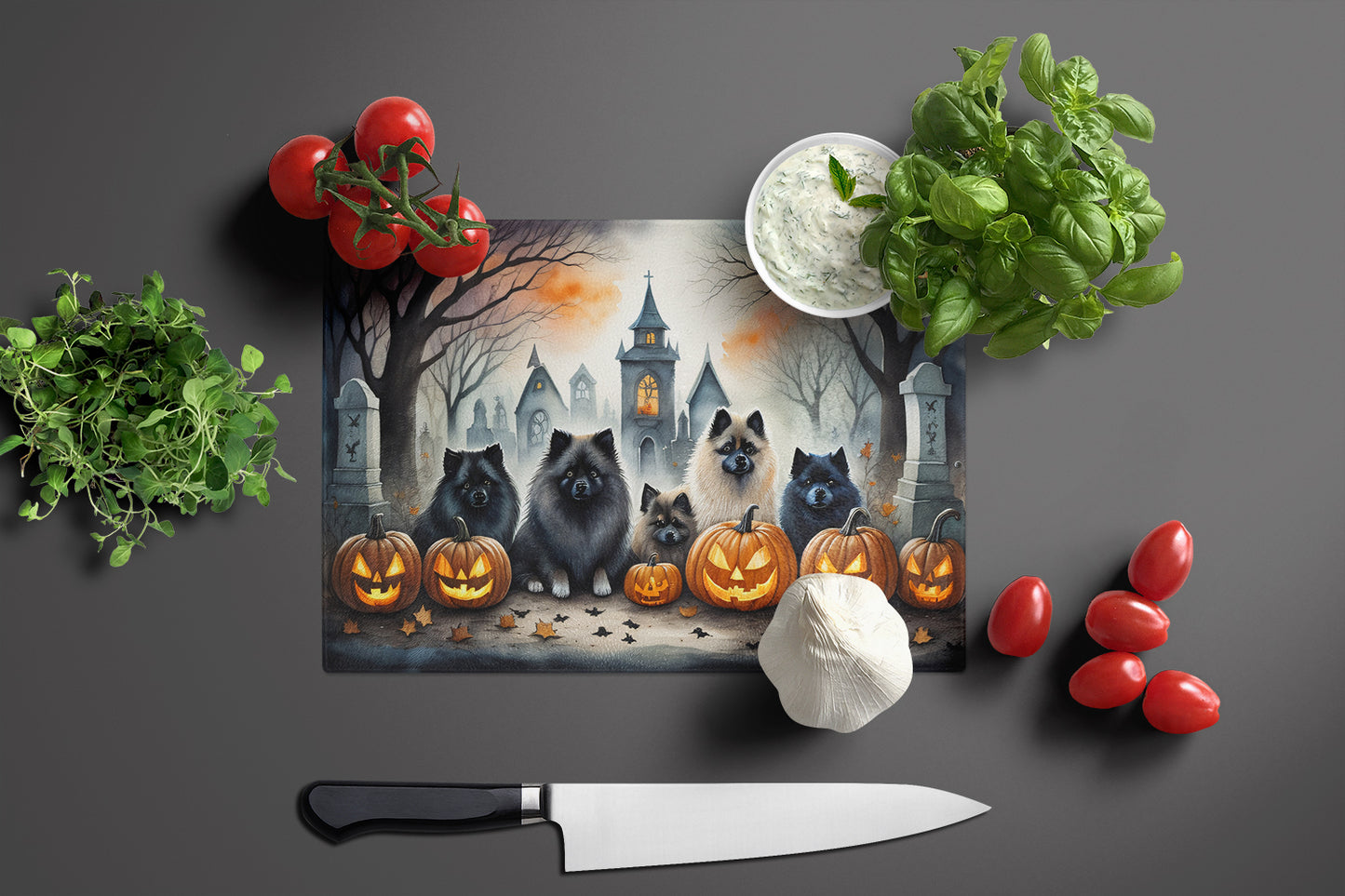 Keeshond Spooky Halloween Glass Cutting Board