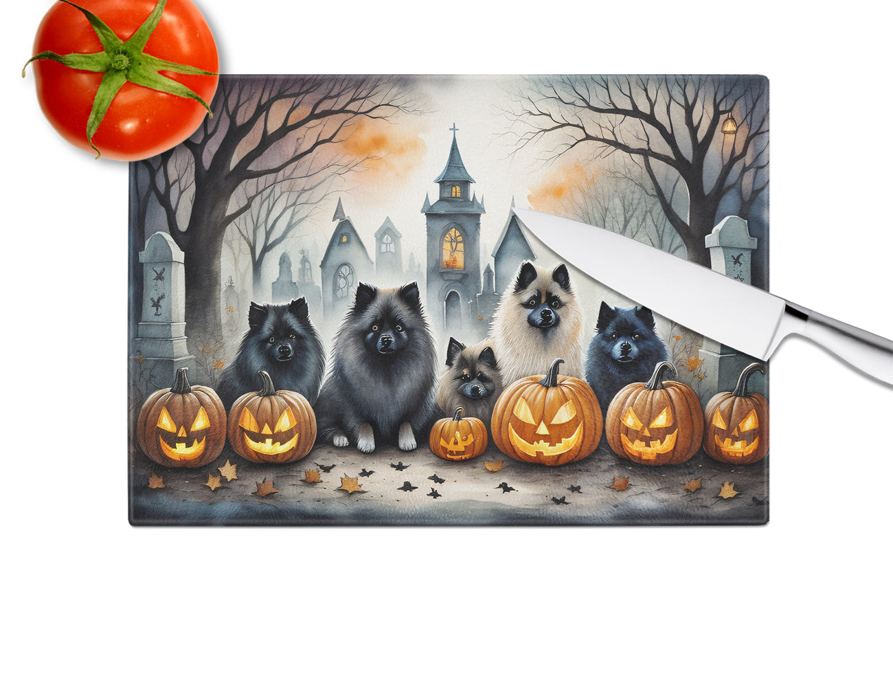 Keeshond Spooky Halloween Glass Cutting Board