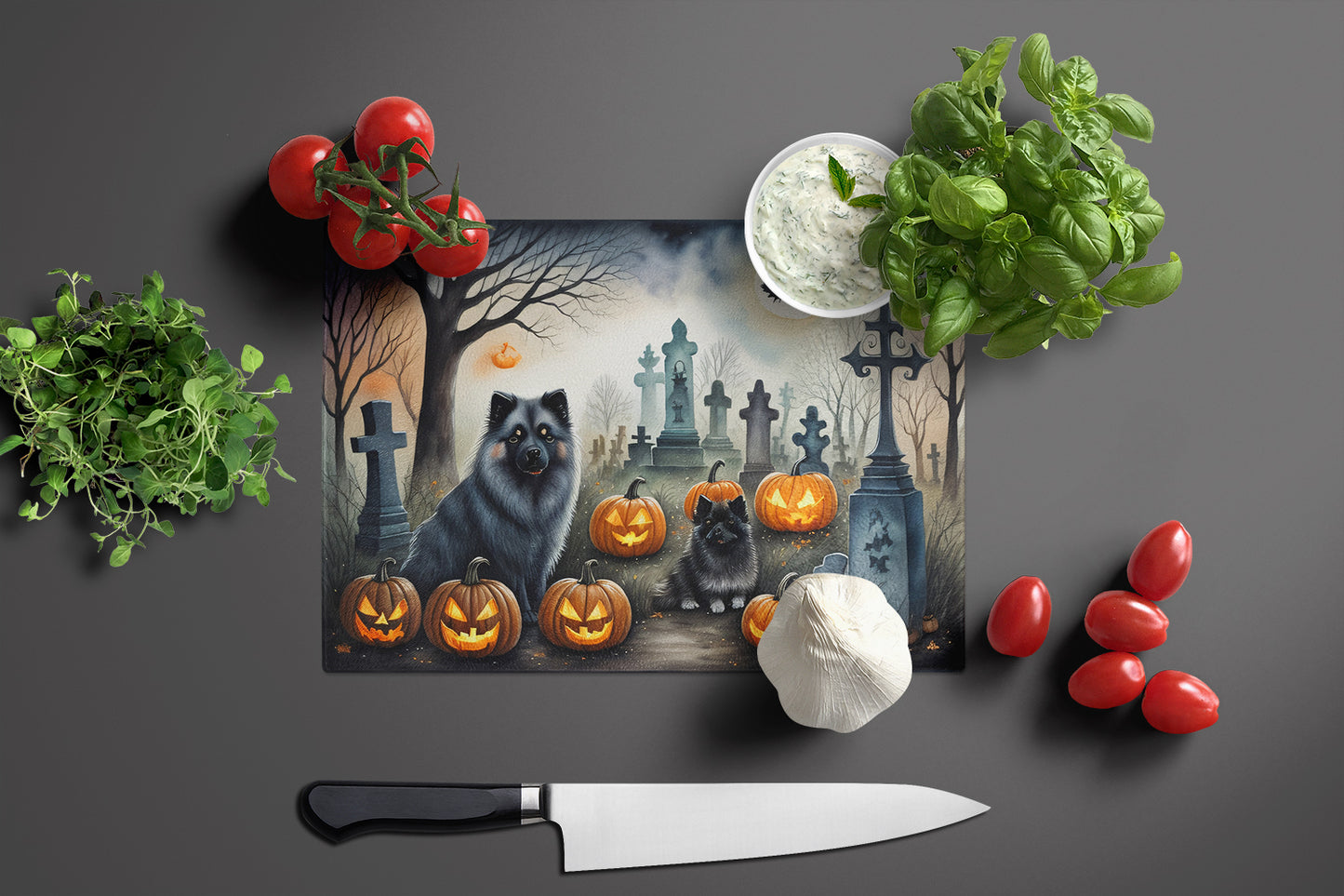 Keeshond Spooky Halloween Glass Cutting Board