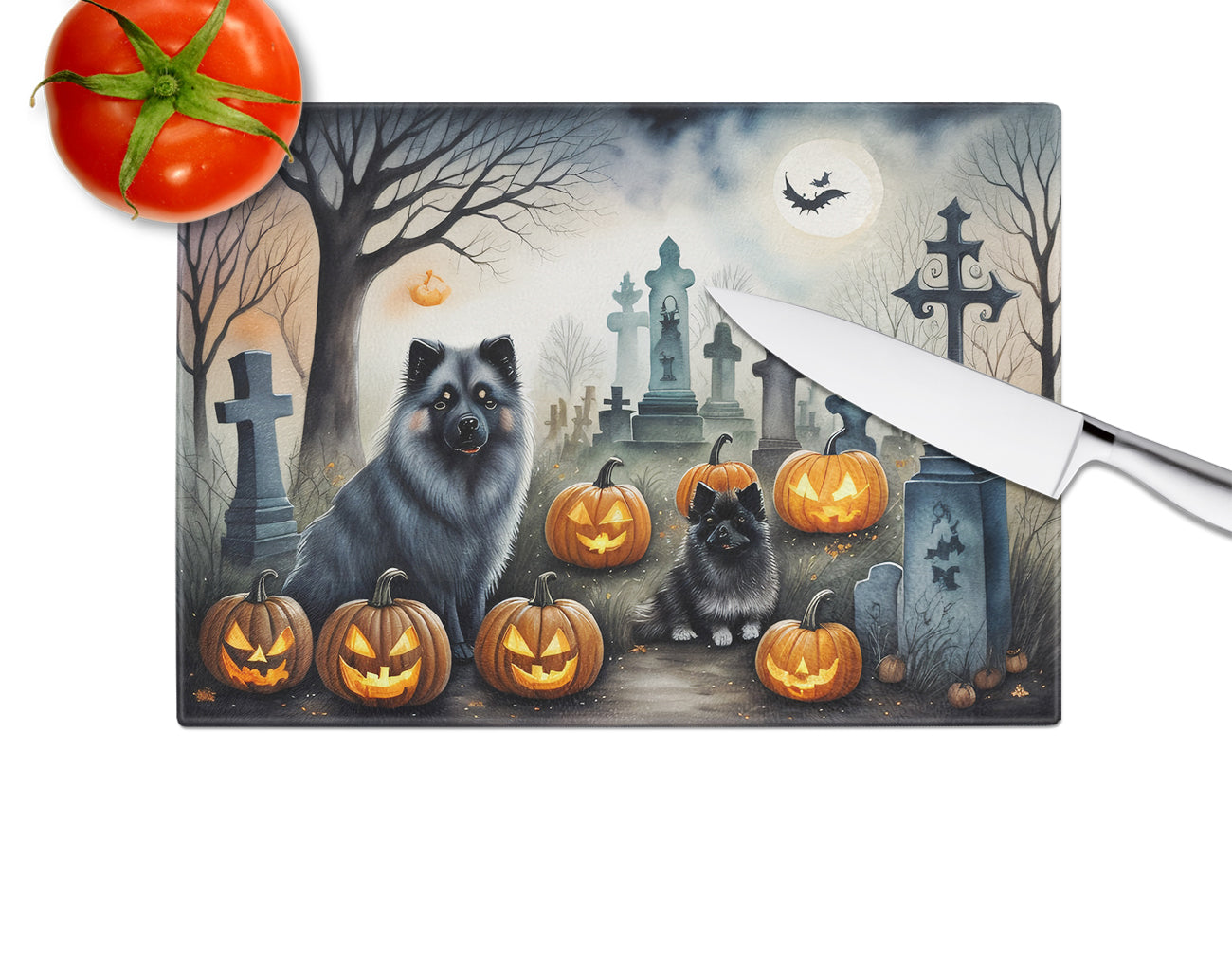 Keeshond Spooky Halloween Glass Cutting Board