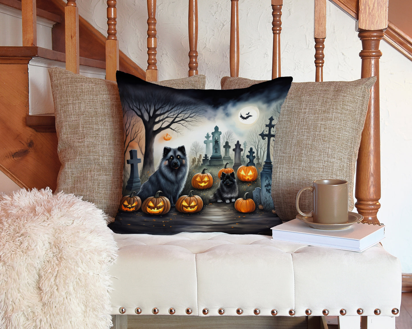 Keeshond Spooky Halloween Throw Pillow