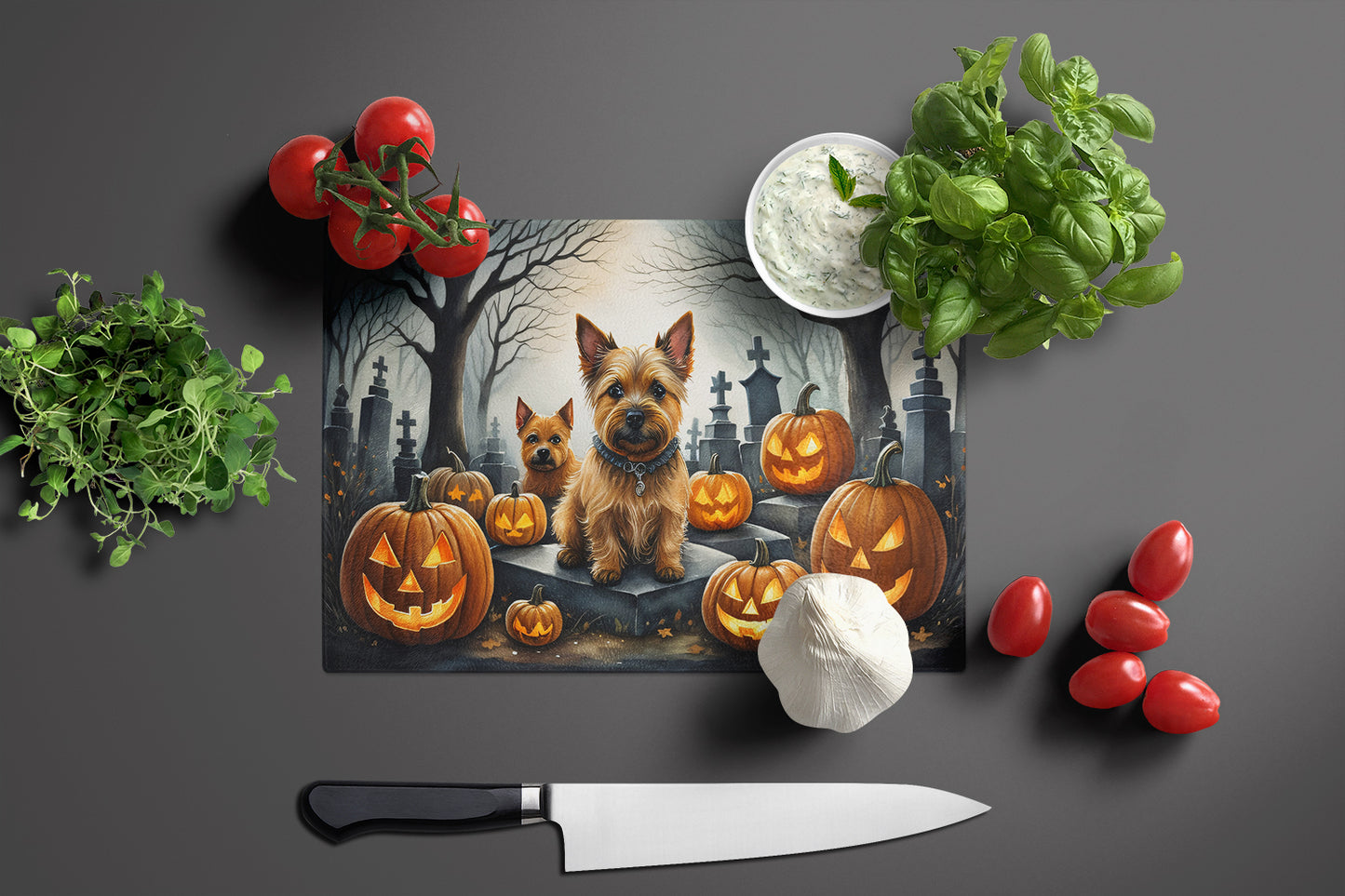 Norwich Terrier Spooky Halloween Glass Cutting Board