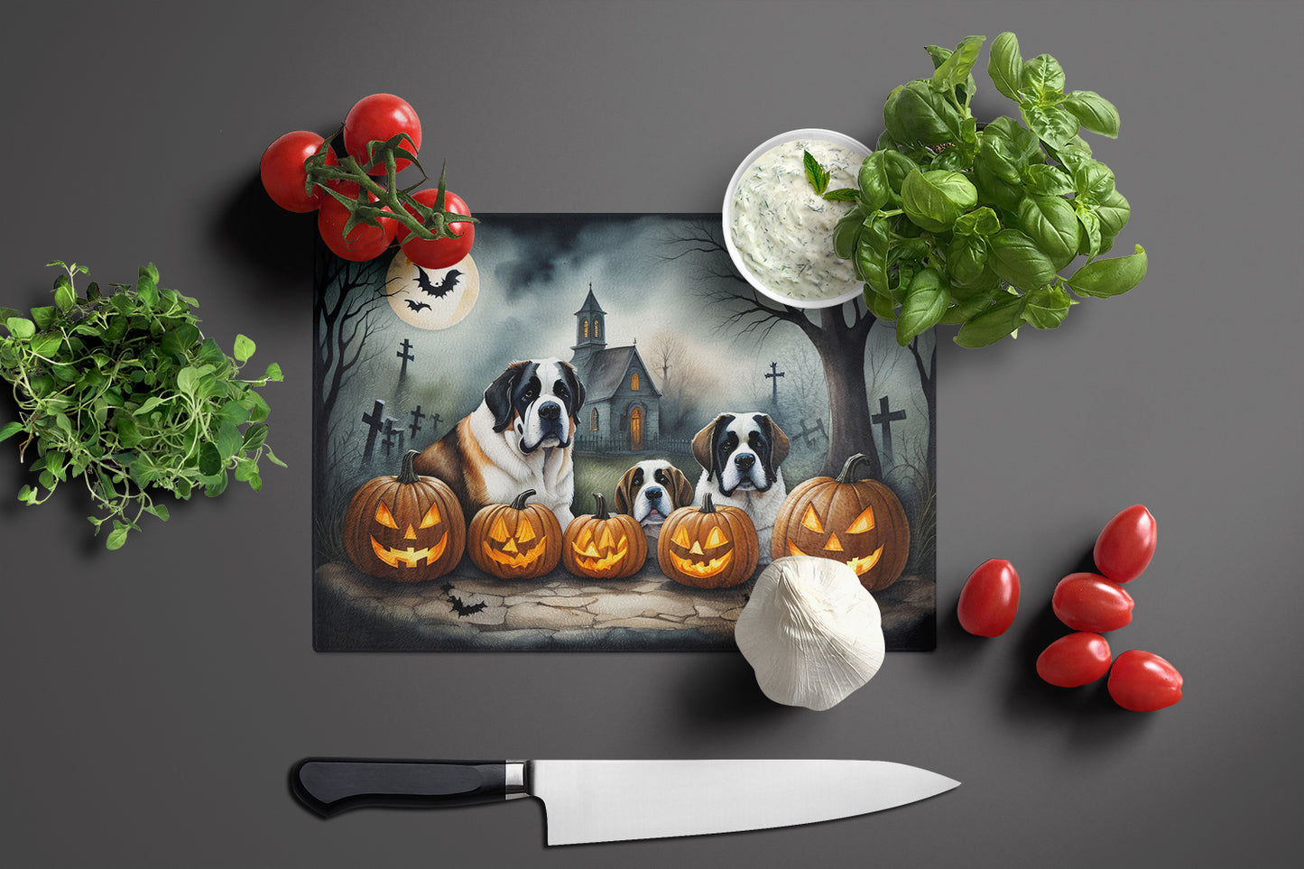 Saint Bernard Spooky Halloween Glass Cutting Board