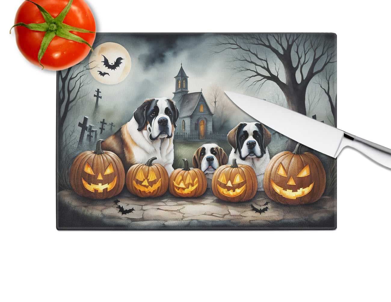 Saint Bernard Spooky Halloween Glass Cutting Board