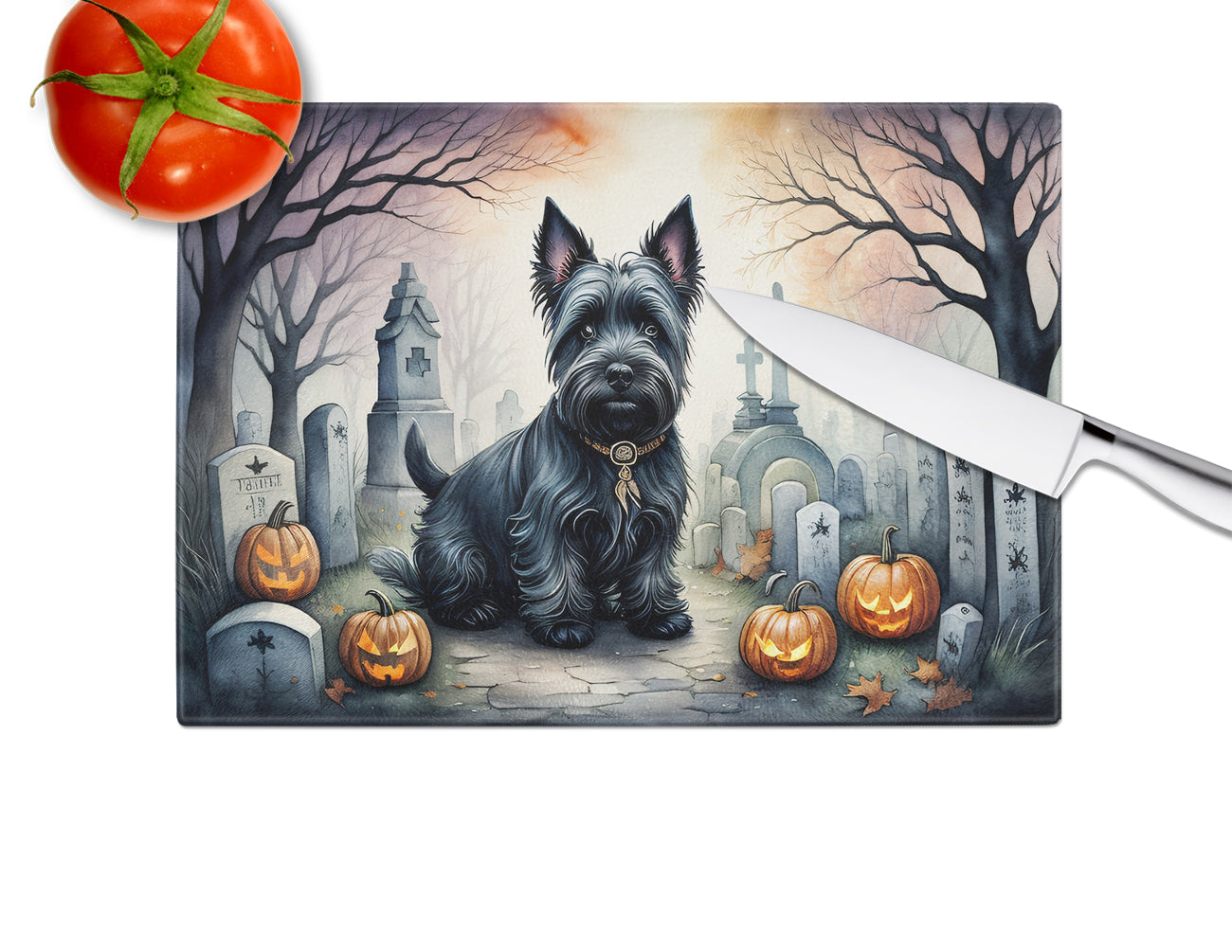 Scottish Terrier Spooky Halloween Glass Cutting Board