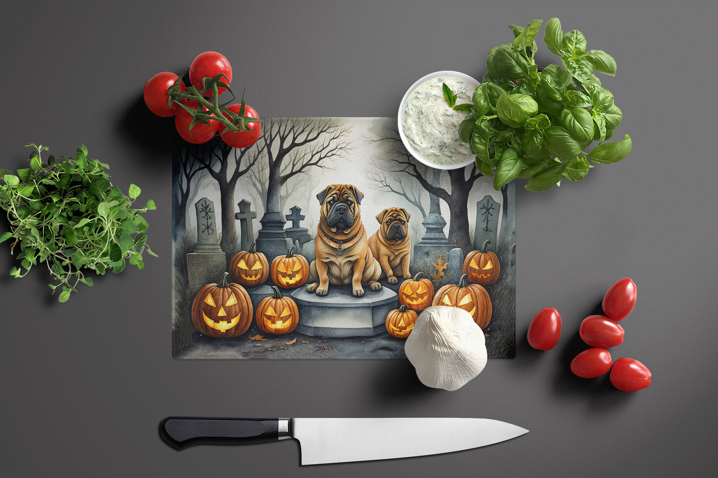 Shar Pei Spooky Halloween Glass Cutting Board