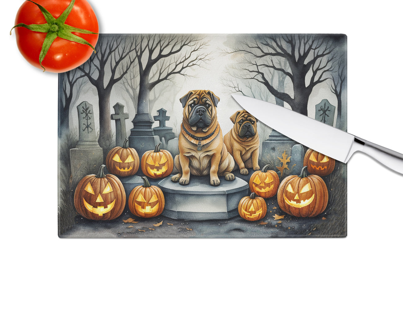 Shar Pei Spooky Halloween Glass Cutting Board