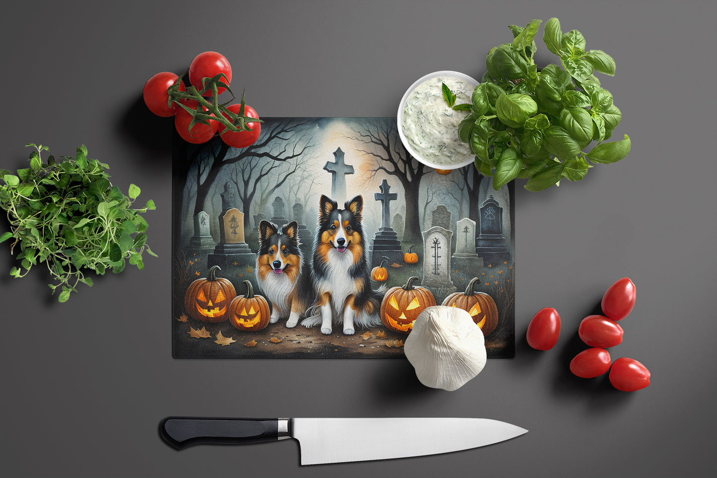 Sheltie Spooky Halloween Glass Cutting Board