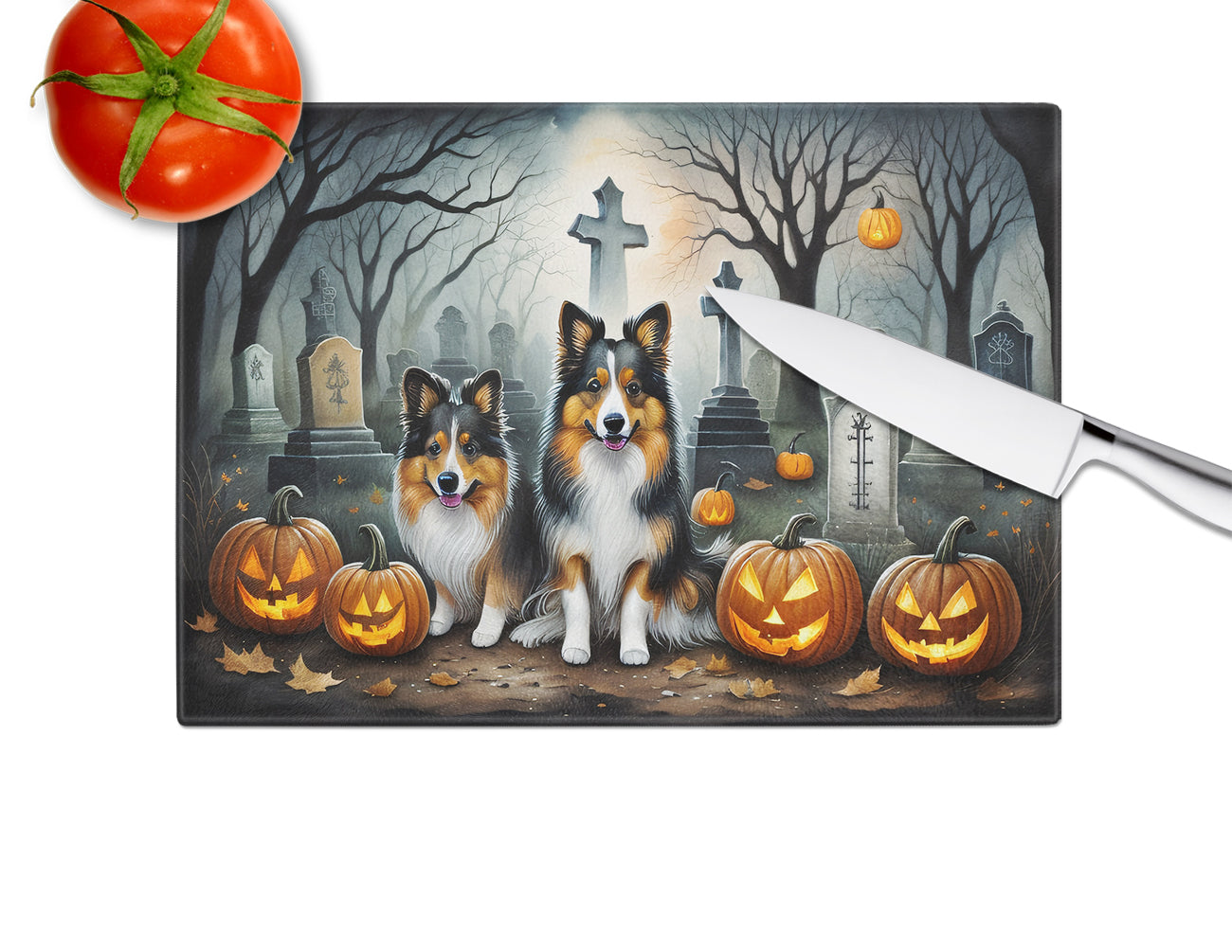 Sheltie Spooky Halloween Glass Cutting Board