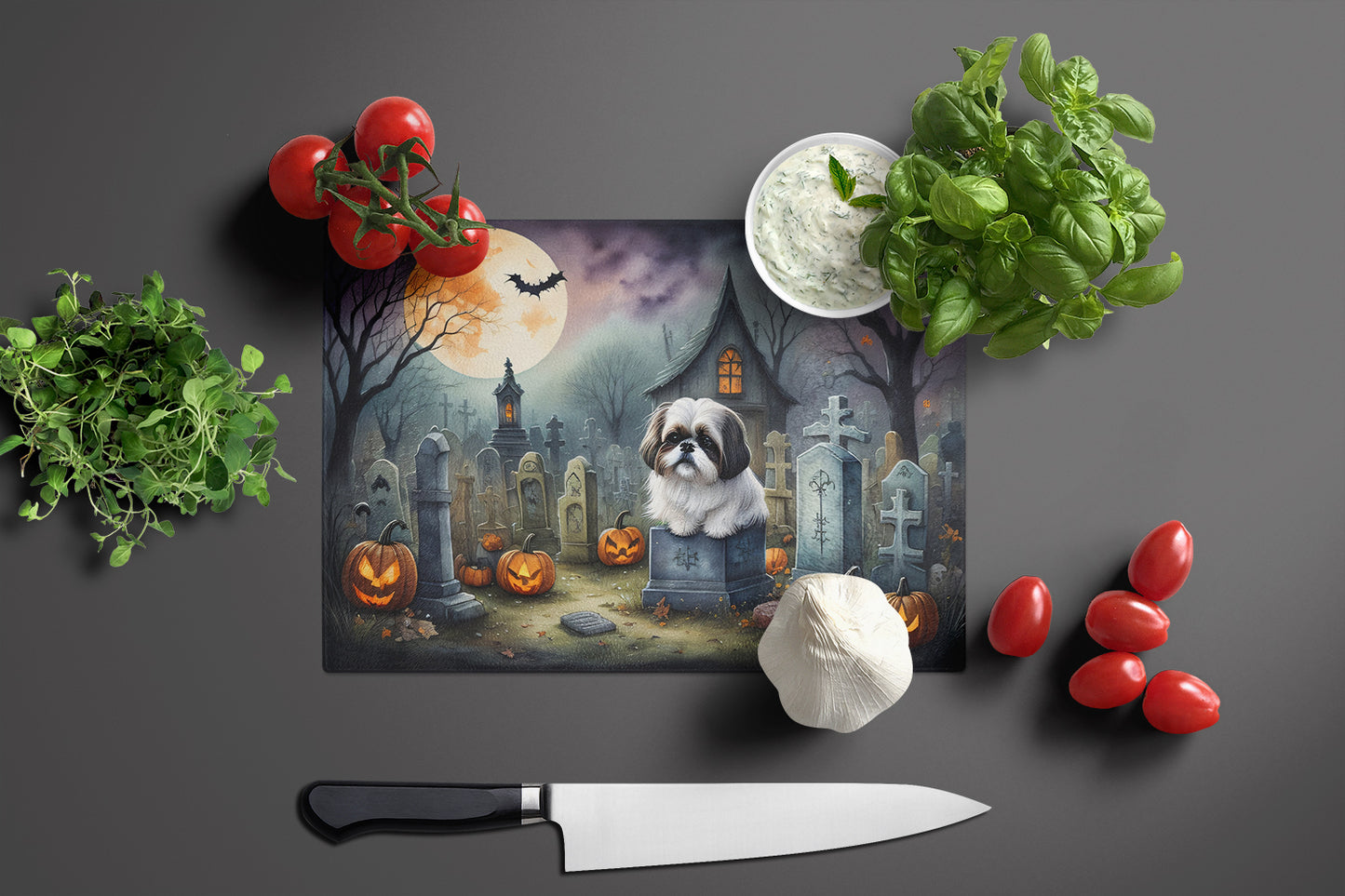 Shih Tzu Spooky Halloween Glass Cutting Board