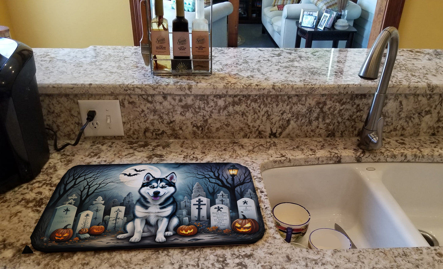 Siberian Husky Spooky Halloween Dish Drying Mat