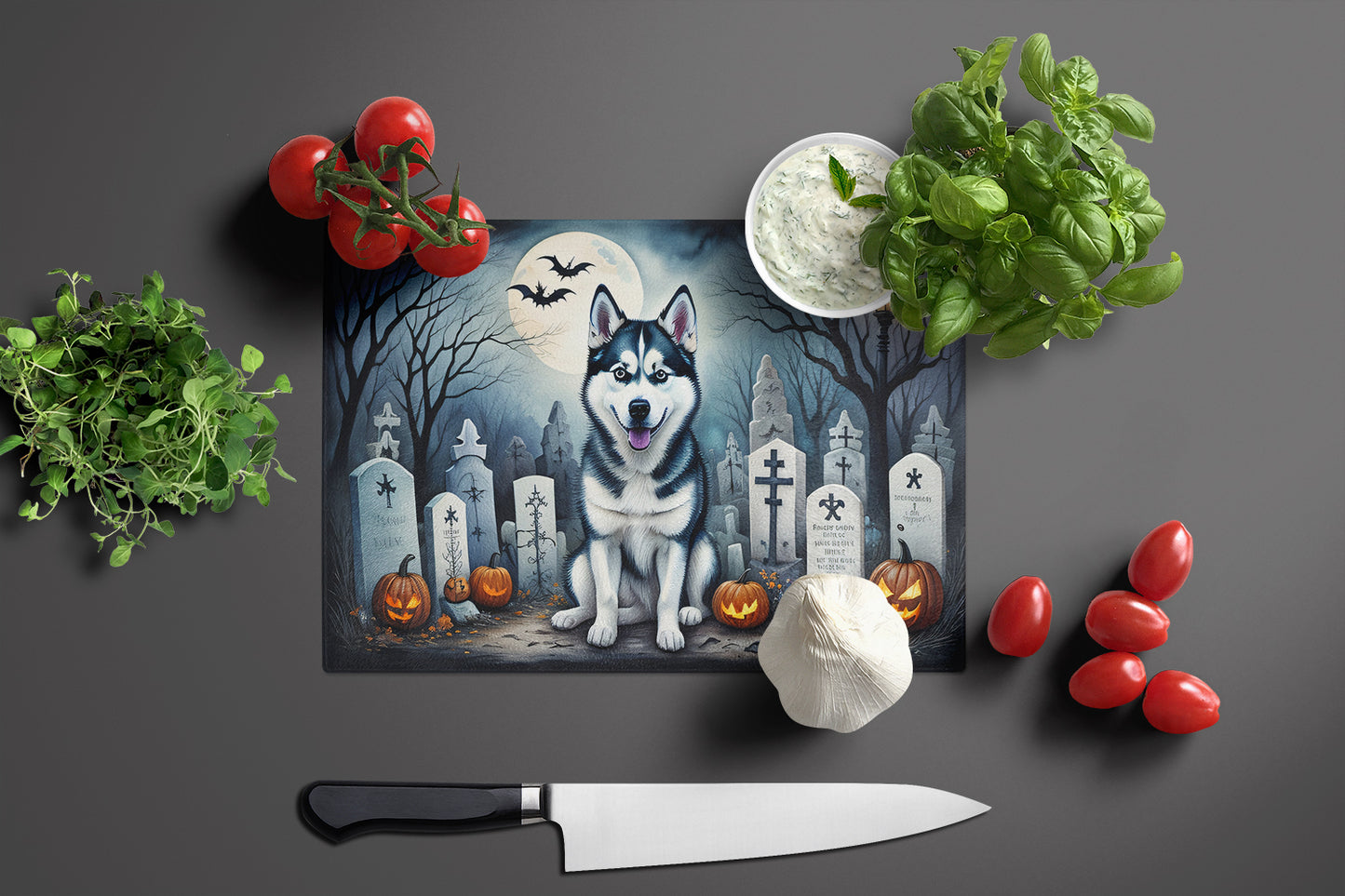 Siberian Husky Spooky Halloween Glass Cutting Board