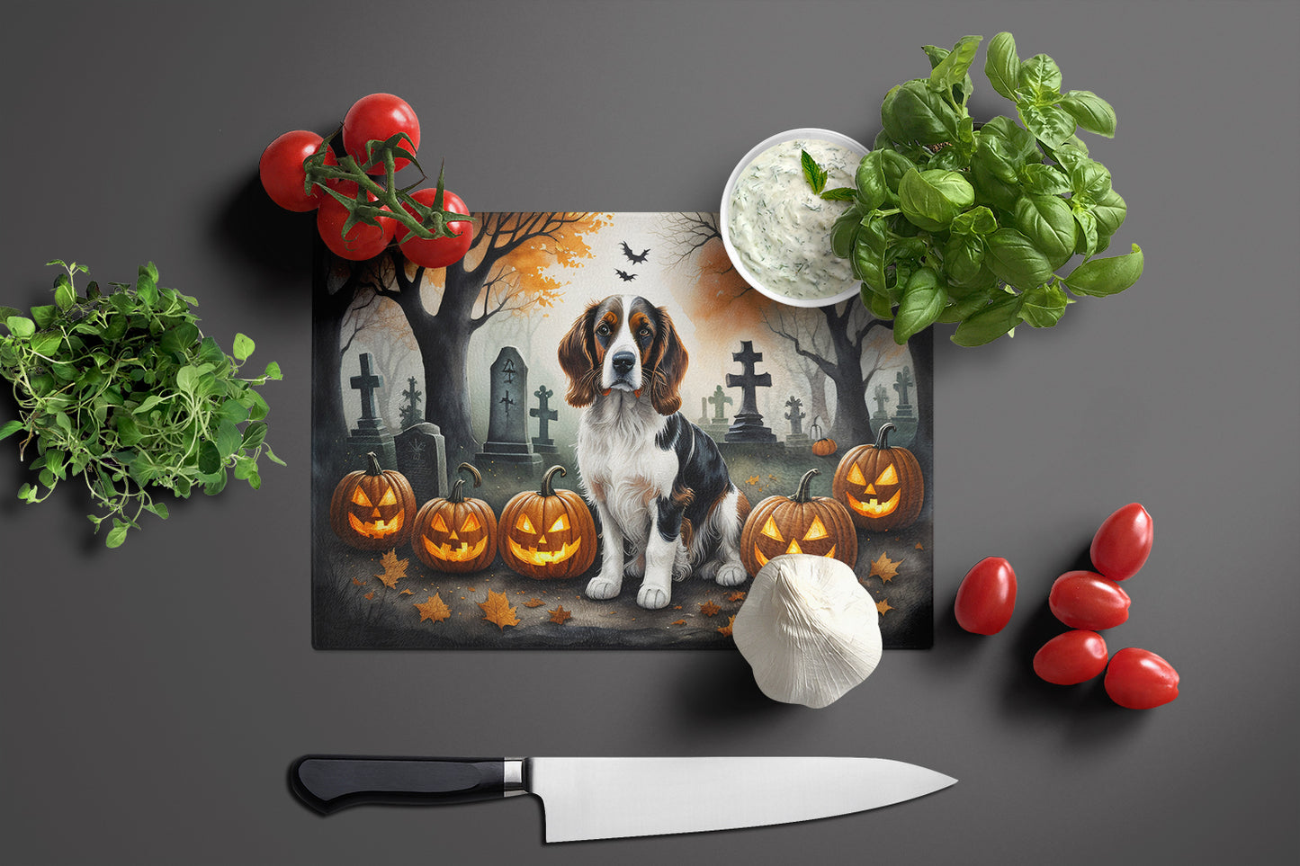 Welsh Springer Spaniel Spooky Halloween Glass Cutting Board