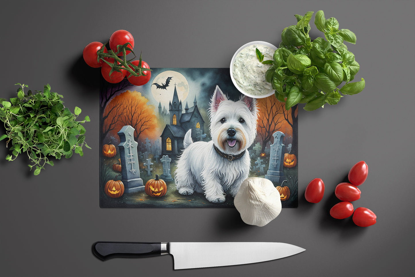 Westie Spooky Halloween Glass Cutting Board