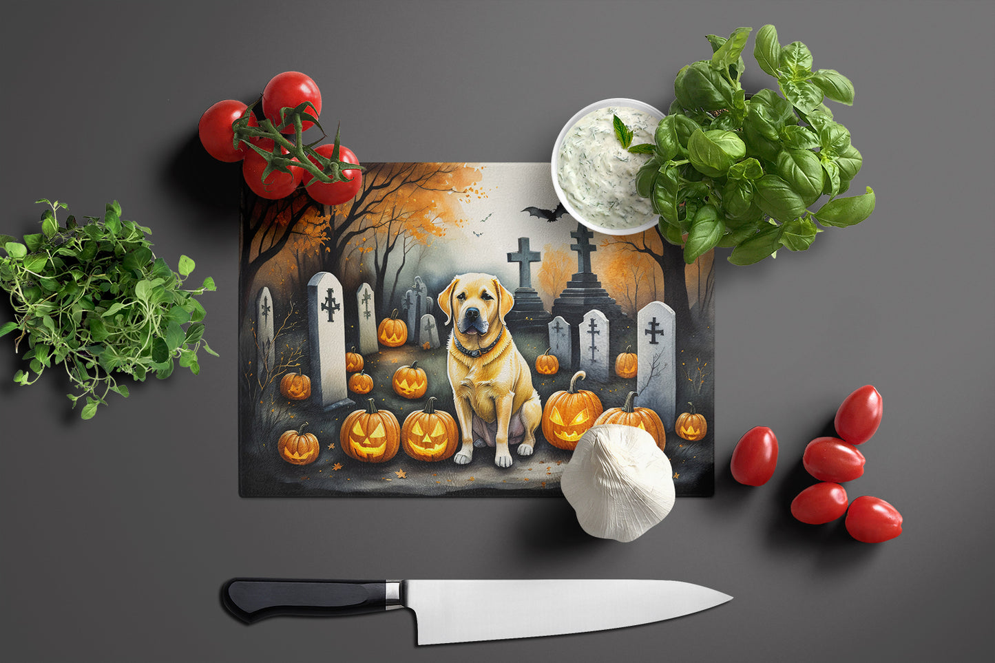 Yellow Labrador Retriever Spooky Halloween Glass Cutting Board