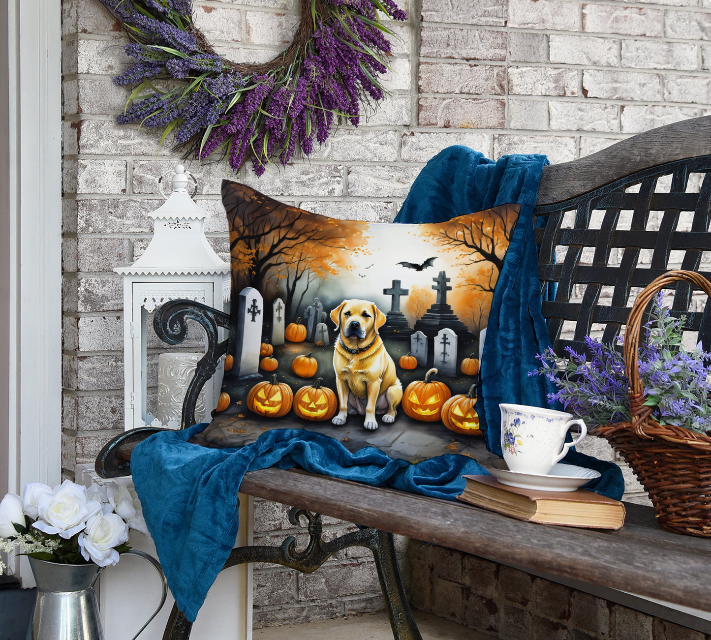 Yellow Labrador Retriever Spooky Halloween Throw Pillow