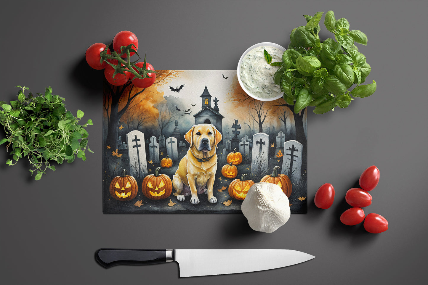 Yellow Labrador Retriever Spooky Halloween Glass Cutting Board