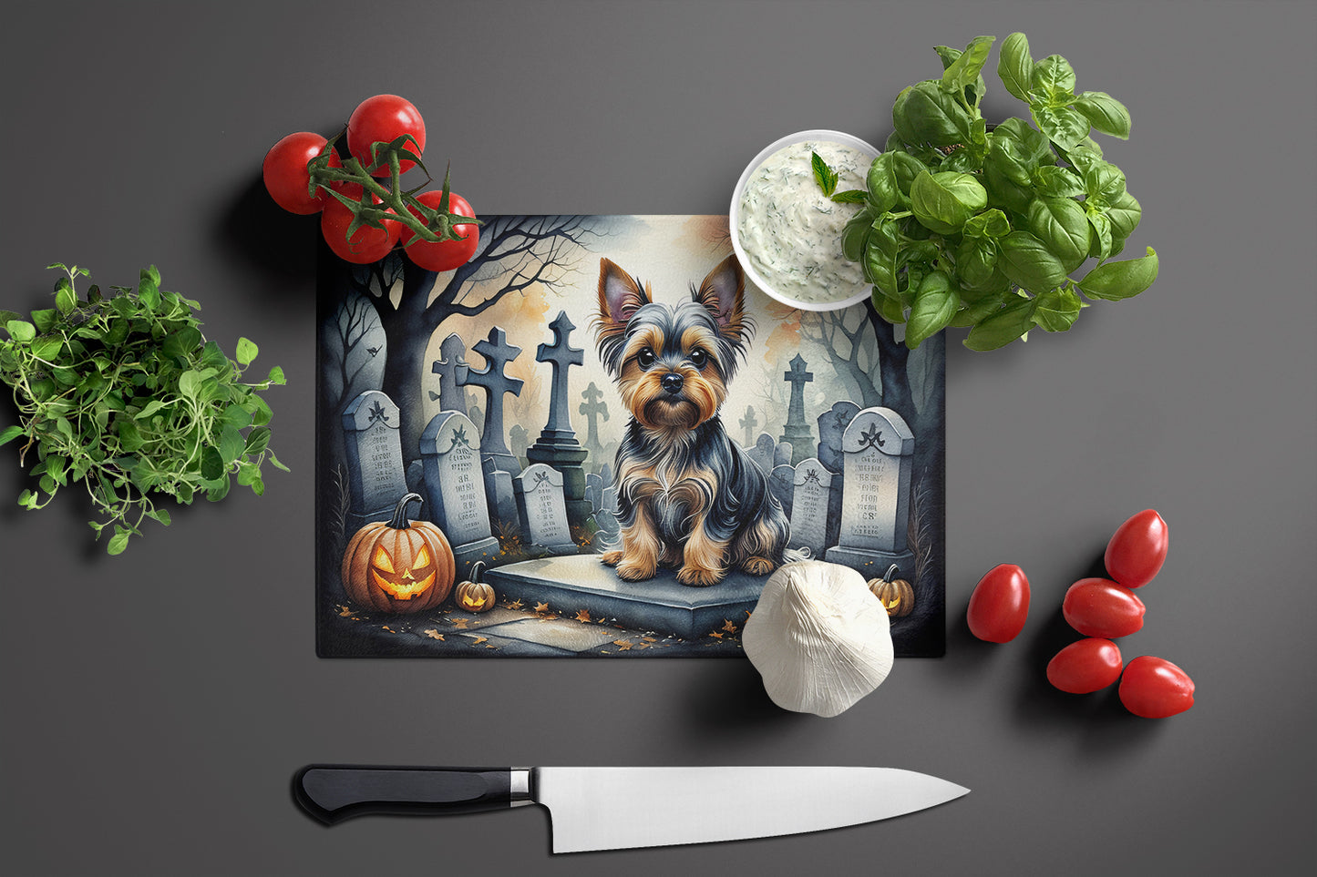 Yorkshire Terrier Spooky Halloween Glass Cutting Board