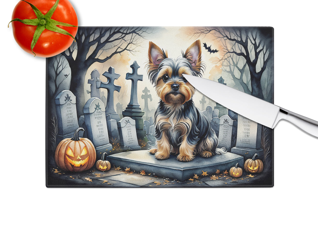 Yorkshire Terrier Spooky Halloween Glass Cutting Board