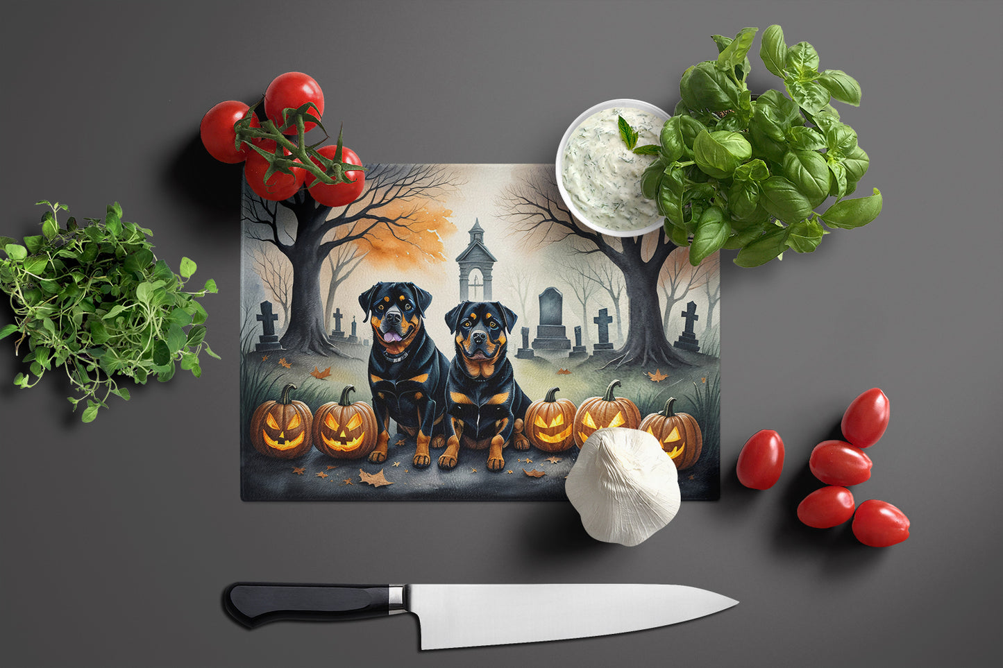 Rottweiler Spooky Halloween Glass Cutting Board