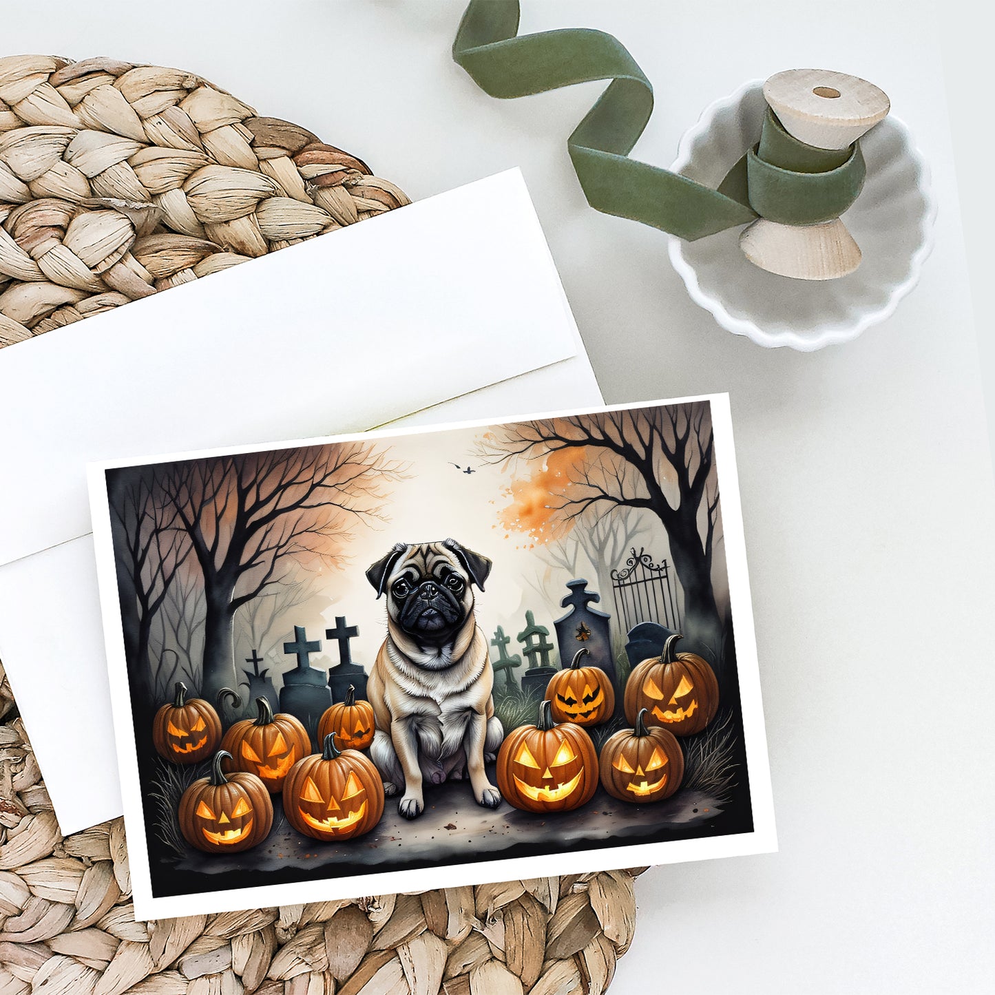 Fawn Pug Spooky Halloween Greeting Cards Pack of 8