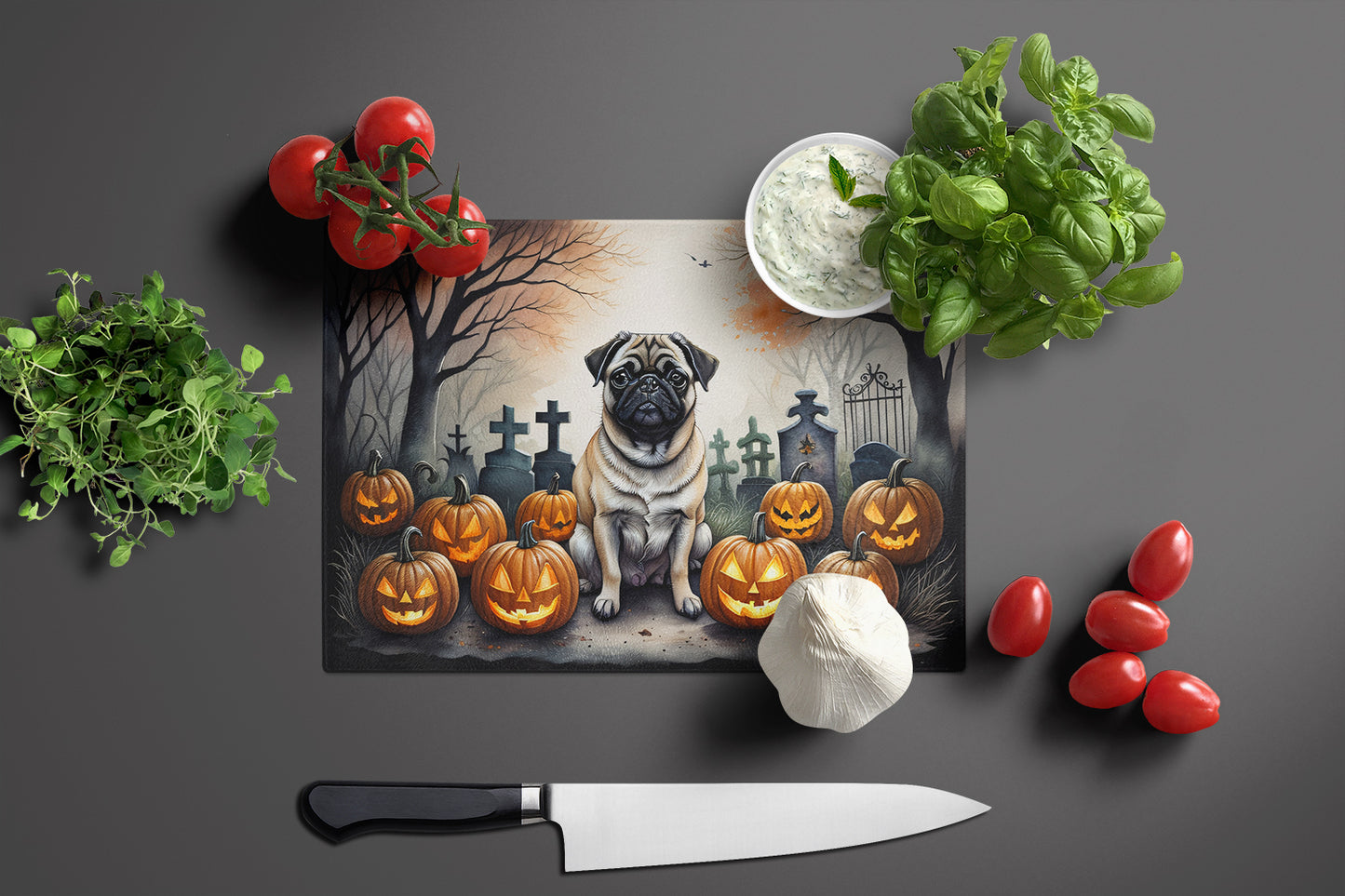 Fawn Pug Spooky Halloween Glass Cutting Board