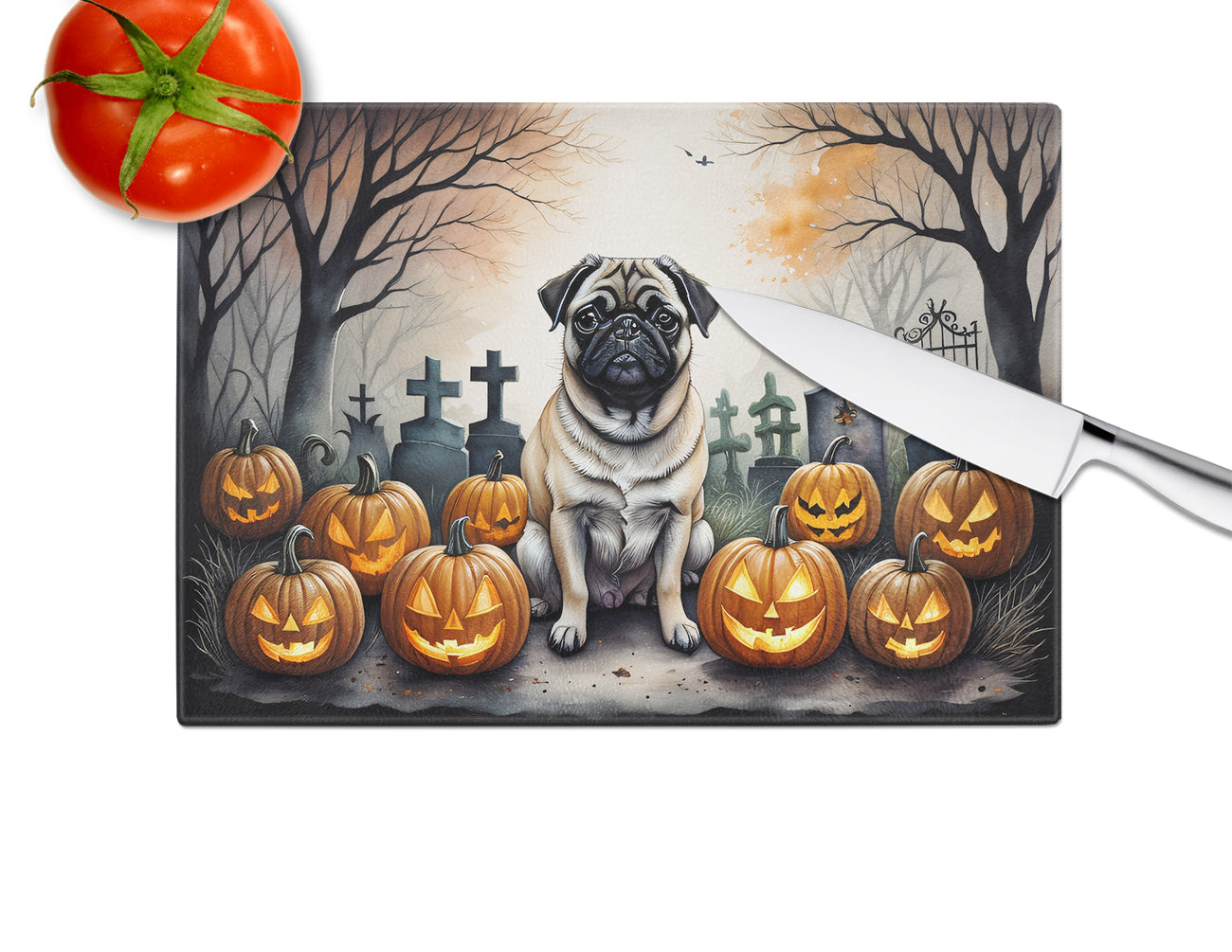 Fawn Pug Spooky Halloween Glass Cutting Board