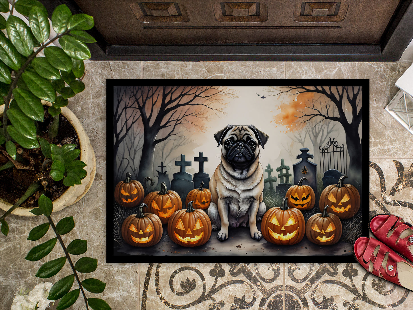 Fawn Pug Spooky Halloween Doormat