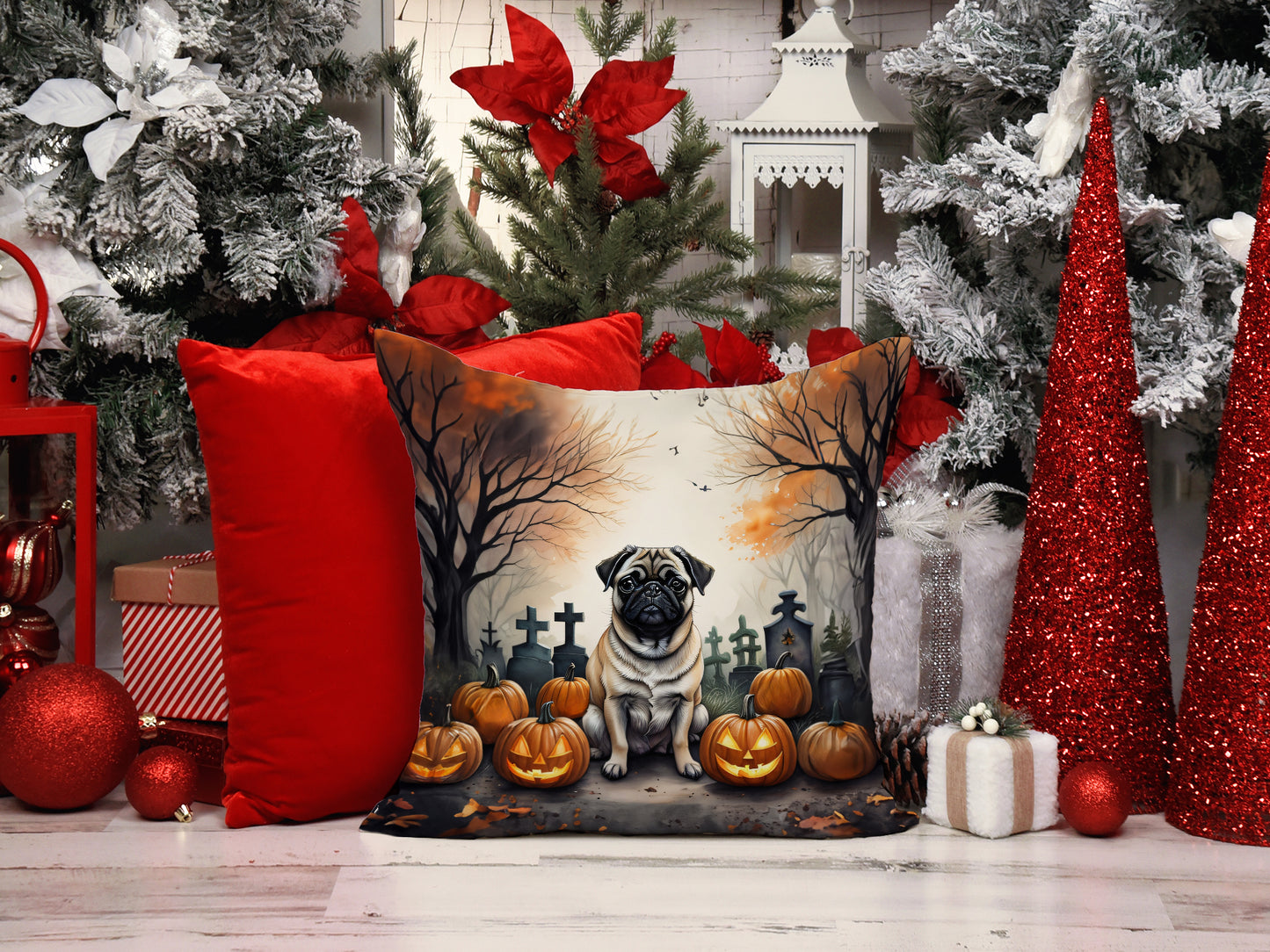 Fawn Pug Spooky Halloween Throw Pillow