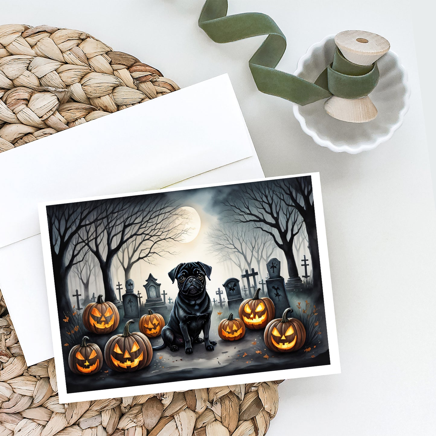 Black Pug Spooky Halloween Greeting Cards Pack of 8