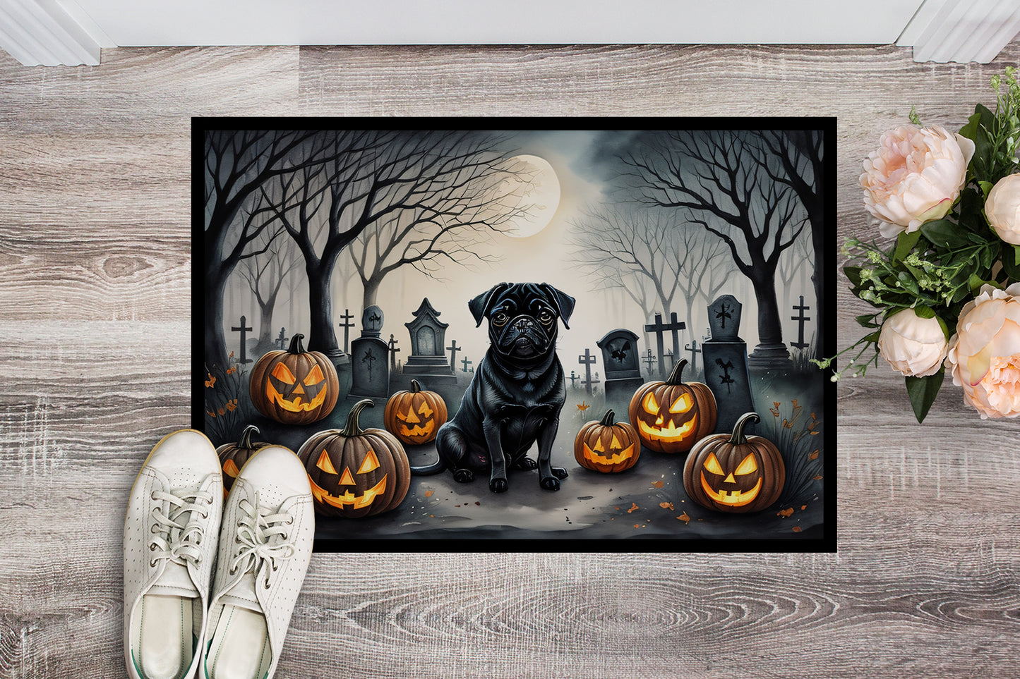 Black Pug Spooky Halloween Doormat