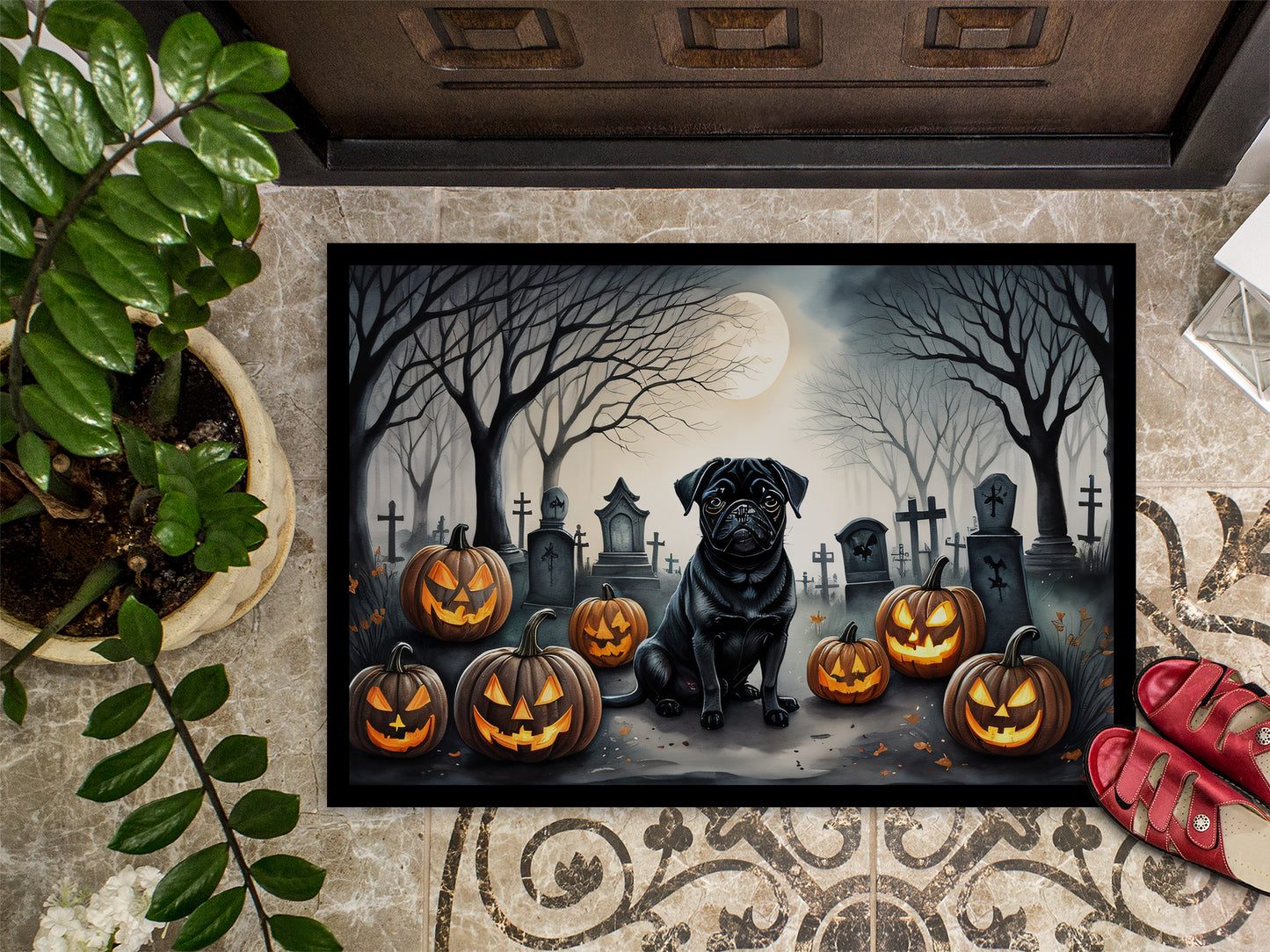 Black Pug Spooky Halloween Doormat