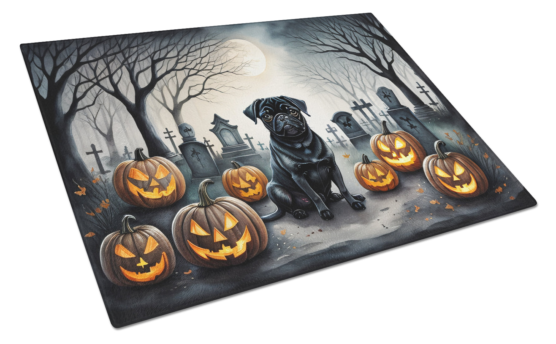 Buy this Black Pug Spooky Halloween Glass Cutting Board