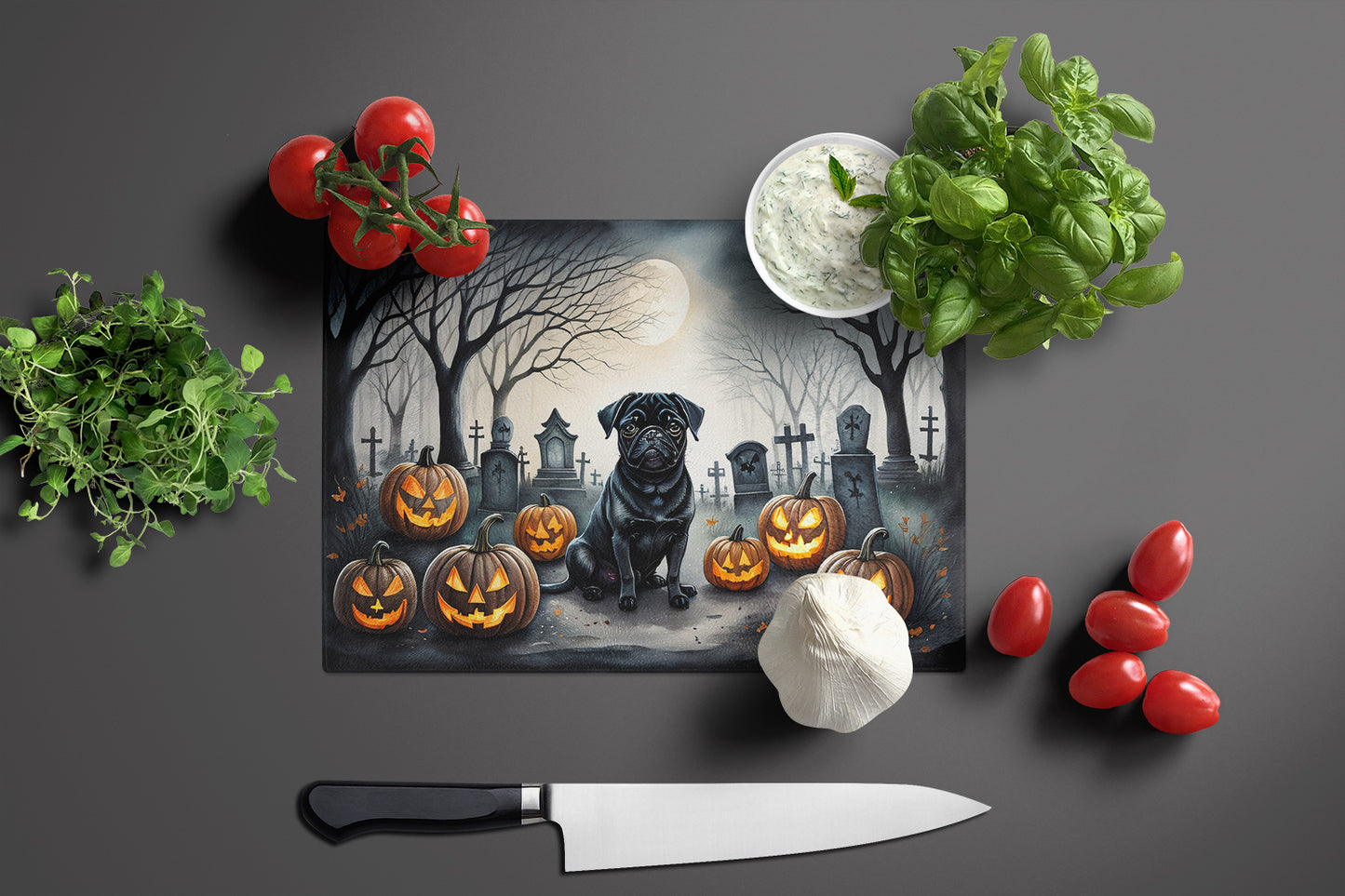 Black Pug Spooky Halloween Glass Cutting Board