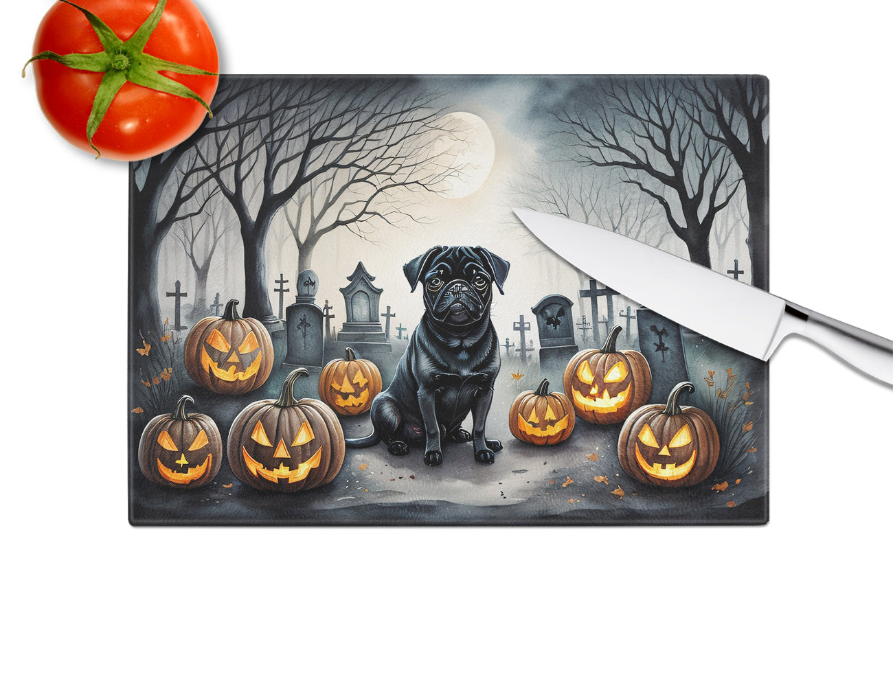 Black Pug Spooky Halloween Glass Cutting Board