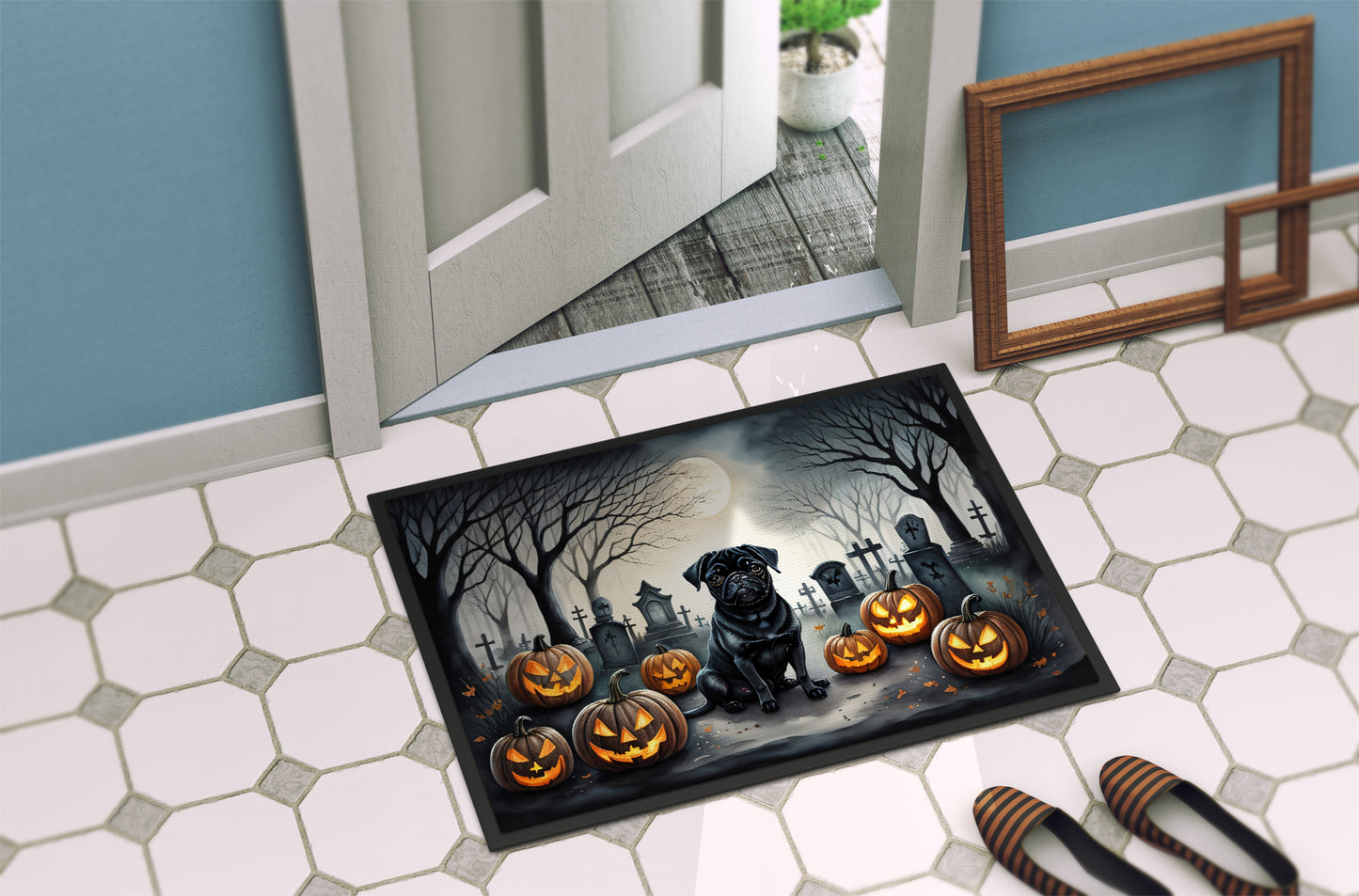 Black Pug Spooky Halloween Doormat