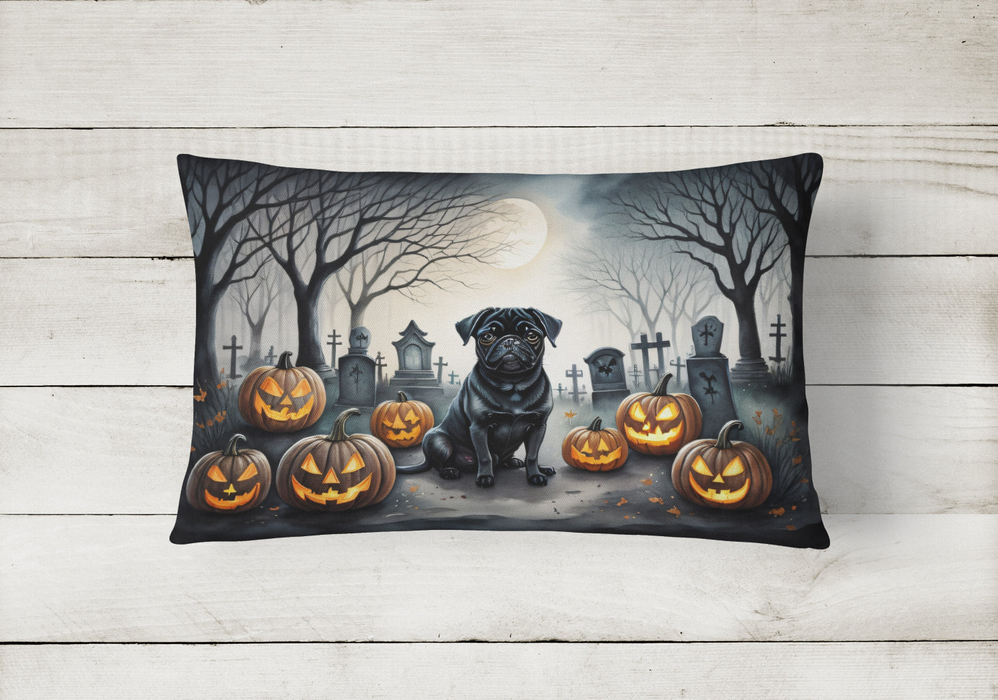 Black Pug Spooky Halloween Throw Pillow