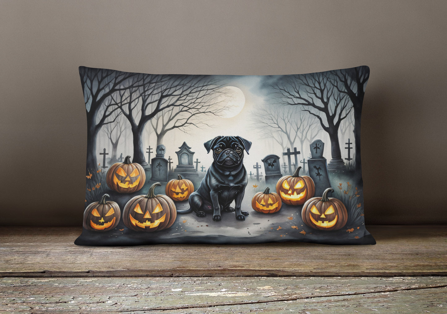 Black Pug Spooky Halloween Throw Pillow