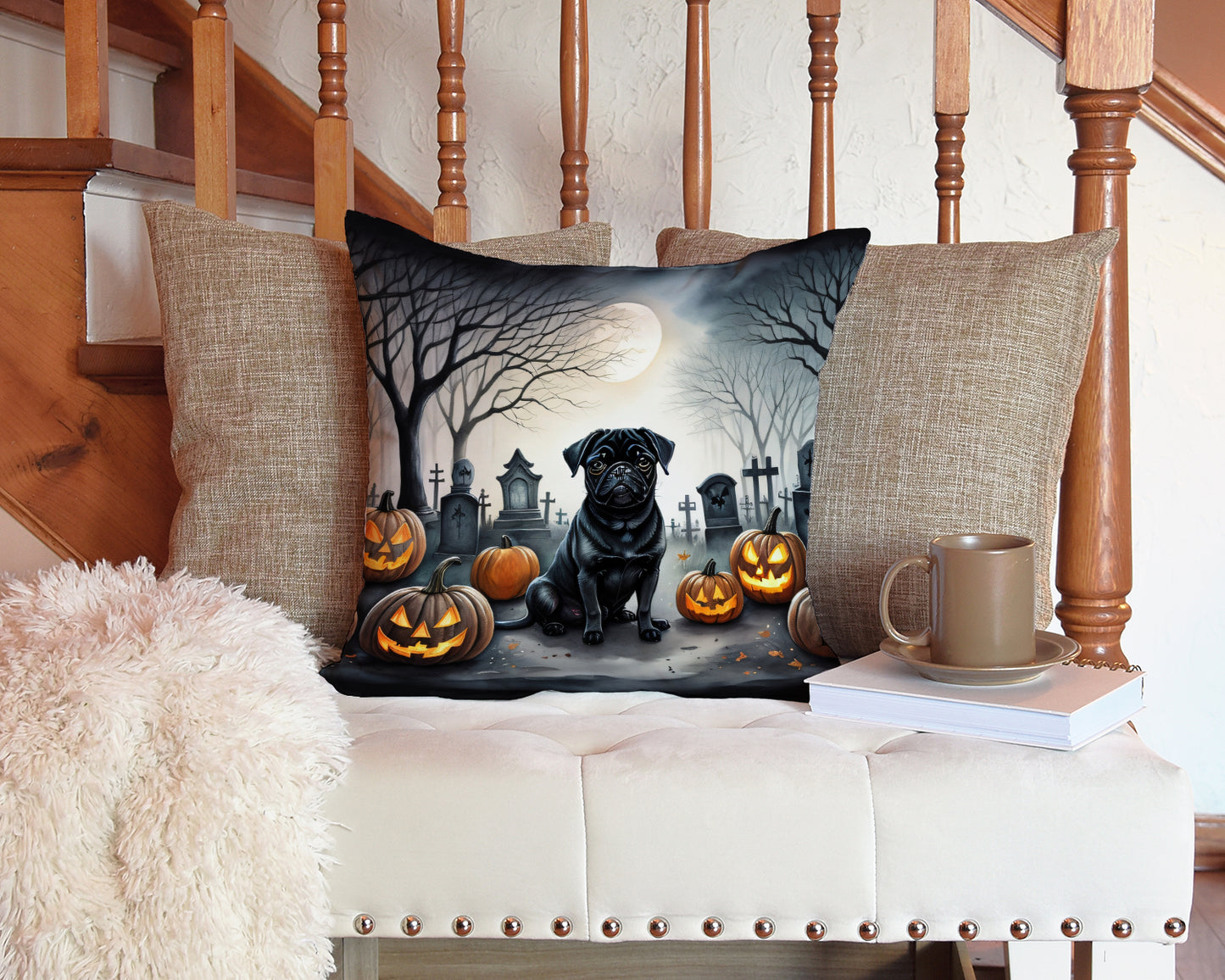 Black Pug Spooky Halloween Throw Pillow